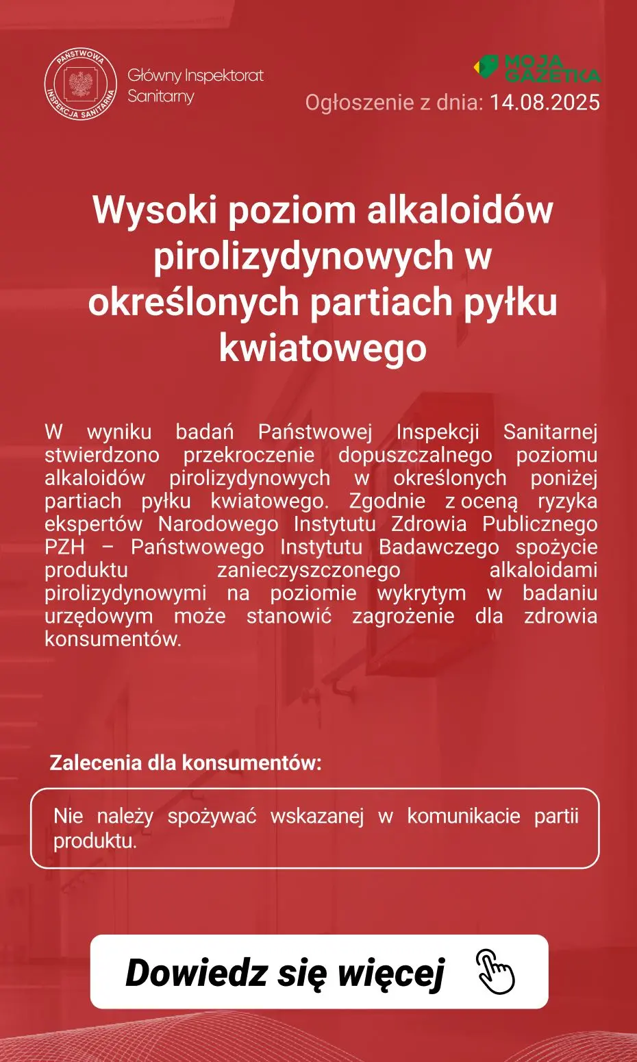 gazetka promocyjna Ostrzeżenia i alerty Ostrzeżenie publiczne dotyczące żywności: Wysoki poziom alkaloidów pirolizydynowych w określonych partiach pyłku kwiatowego - Strona 2