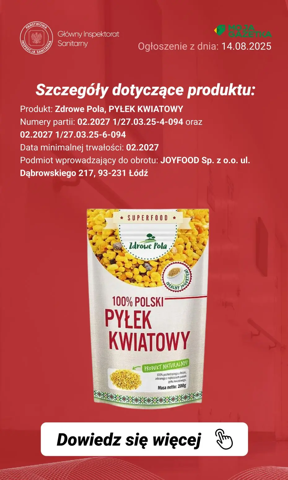 gazetka promocyjna Ostrzeżenia i alerty Ostrzeżenie publiczne dotyczące żywności: Wysoki poziom alkaloidów pirolizydynowych w określonych partiach pyłku kwiatowego - Strona 3