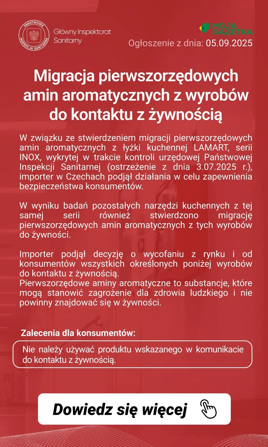 gazetka promocyjna Ostrzeżenia i alerty Aktualizacja ostrzeżenia publicznego z dnia 3.07.2025 dotyczącego wyrobu do kontaktu z żywnością: Migracja pierwszorzędowych amin aromatycznych z wyrobów do kontaktu z żywnością - Strona 2