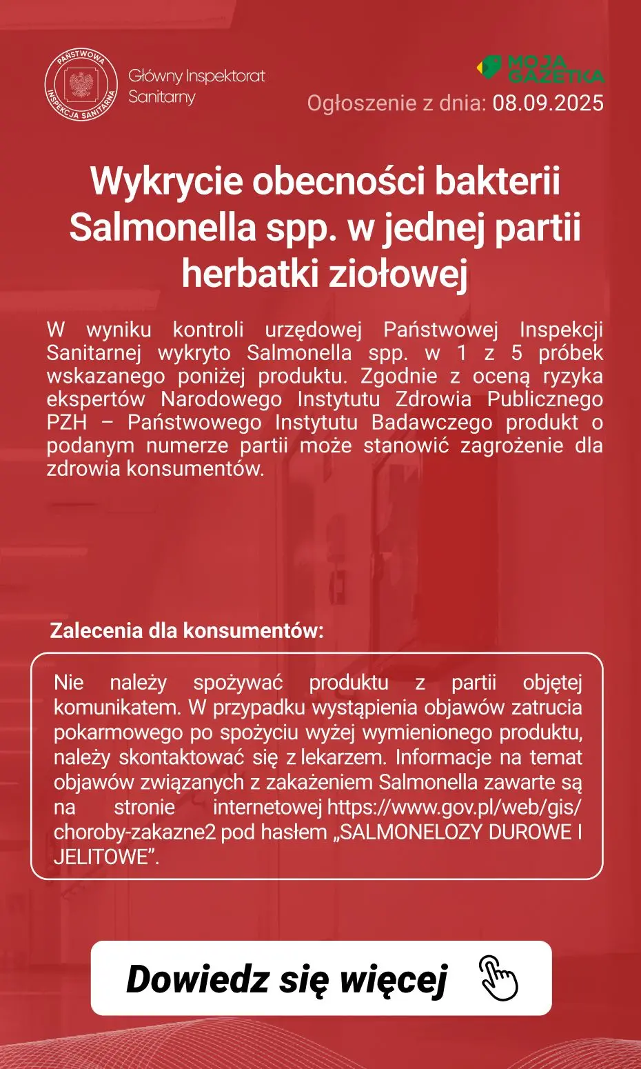 gazetka promocyjna Ostrzeżenia i alerty Ostrzeżenie publiczne dotyczące żywności: Wykrycie obecności bakterii Salmonella spp. w jednej partii herbatki ziołowej - Strona 2