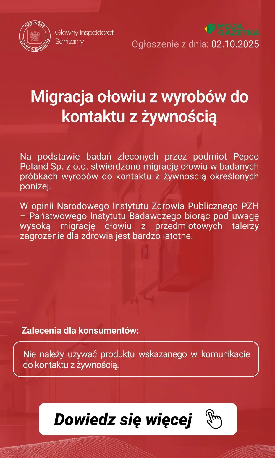 gazetka promocyjna Ostrzeżenia i alerty Ostrzeżenie publiczne dotyczące wyrobu do kontaktu z żywnością: Migracja ołowiu z wyrobów do kontaktu z żywnością - Strona 2