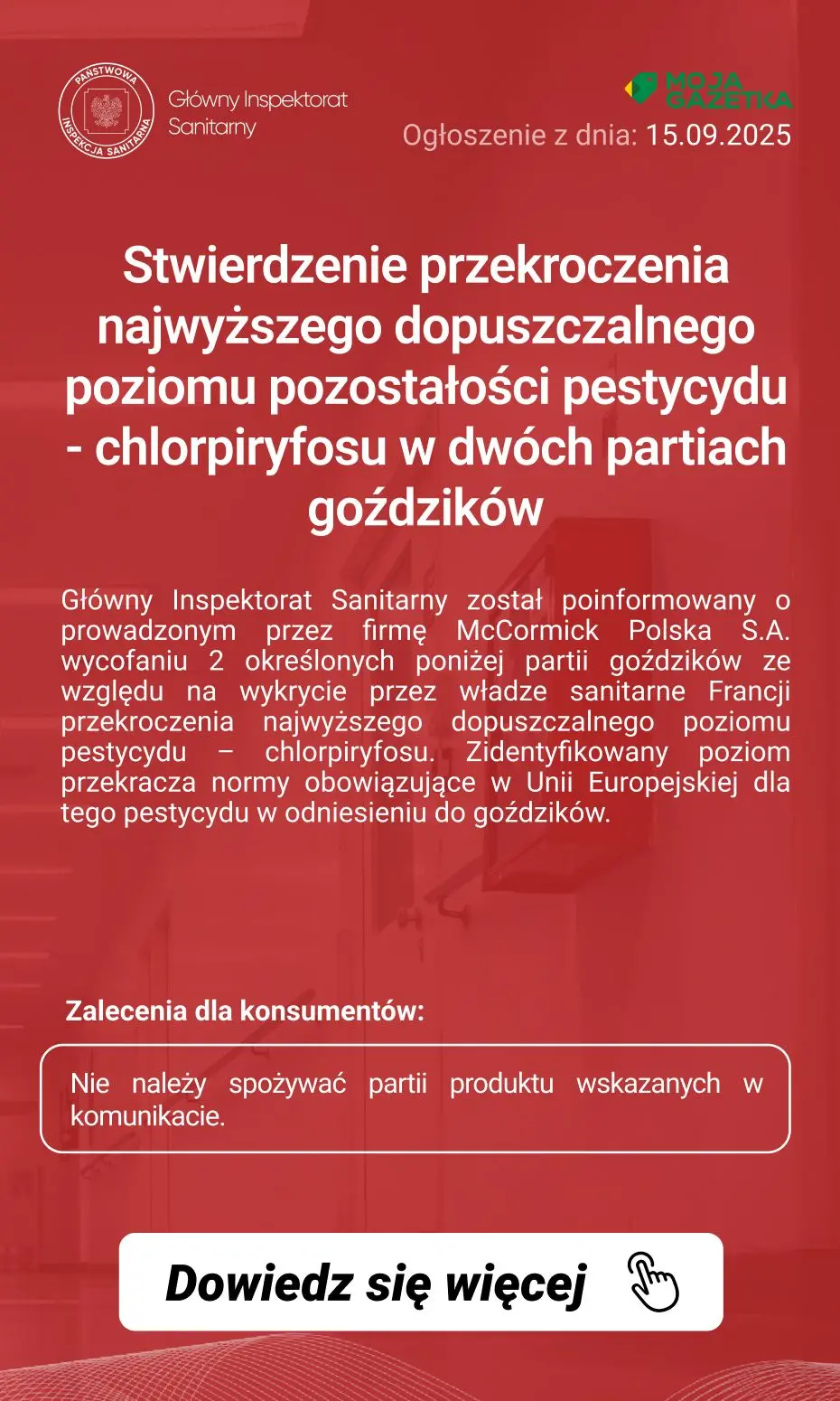gazetka promocyjna Ostrzeżenia i alerty Ostrzeżenie publiczne dotyczące żywności: Stwierdzenie przekroczenia najwyższego dopuszczalnego poziomu pozostałości pestycydu - chlorpiryfosu w dwóch partiach goździków - Strona 2
