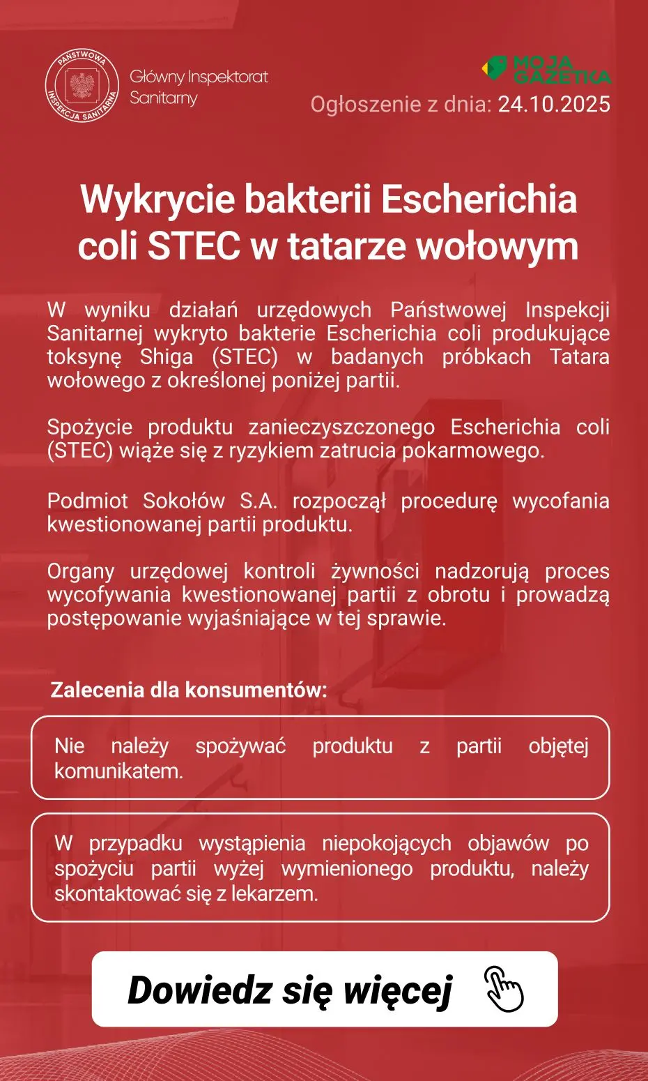 gazetka promocyjna Ostrzeżenia i alerty Ostrzeżenie publiczne dotyczące żywności: wykrycie bakterii Escherichia coli STEC w tatarze wołowym - Strona 2
