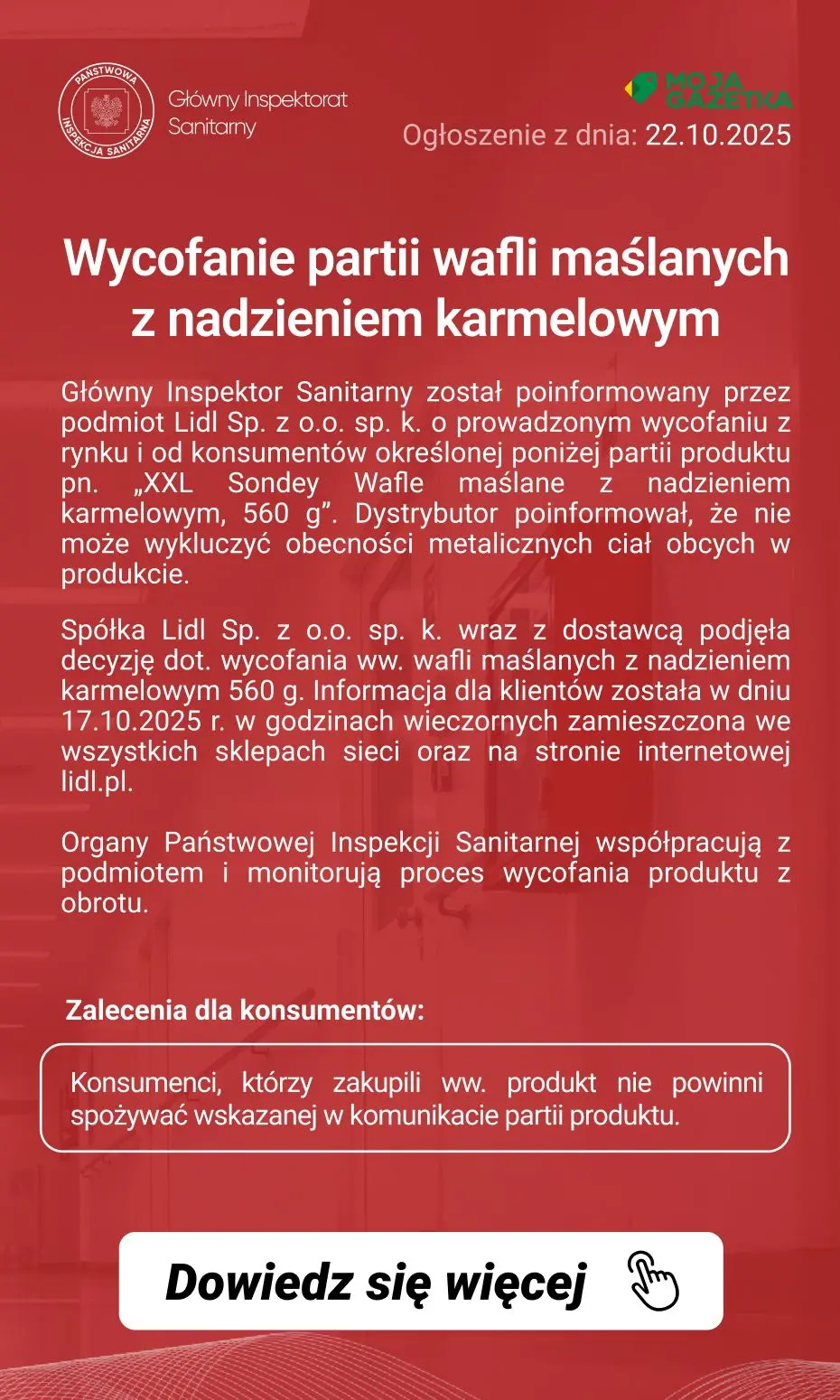 gazetka promocyjna Ostrzeżenia i alerty Ostrzeżenie publiczne dotyczące żywności: wycofanie partii wafli maślanych z nadzieniem karmelowym - Strona 2