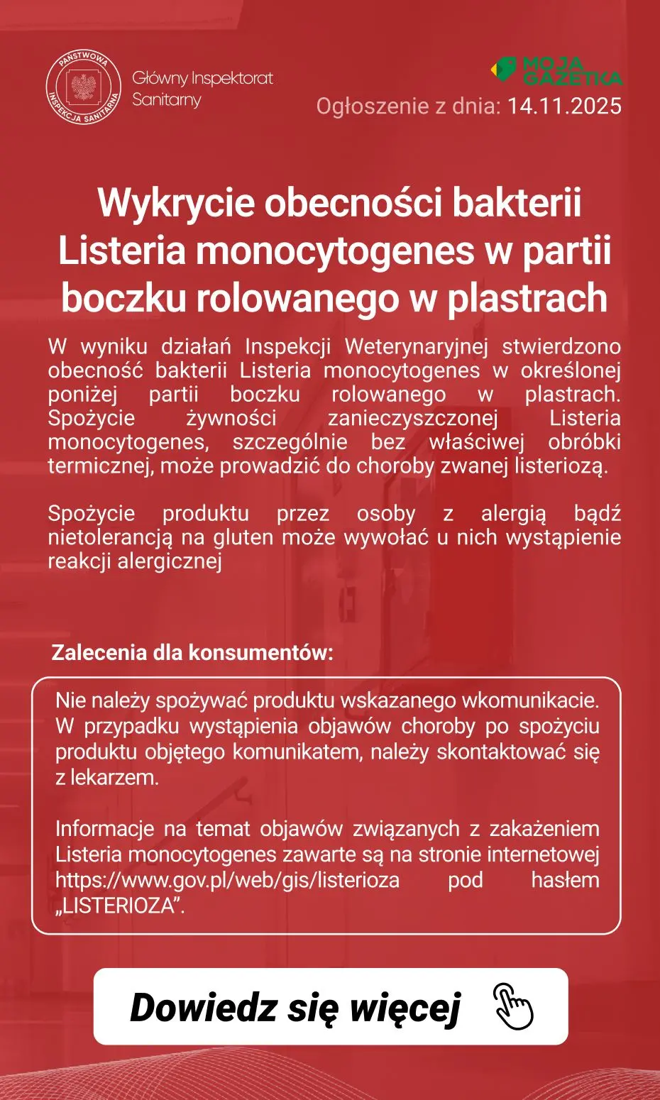 gazetka promocyjna Ostrzeżenia i alerty Ostrzeżenie publiczne dotyczące żywności: Wykrycie obecności bakterii Listeria monocytogenes w partii boczku rolowanego w plastrach - Strona 2