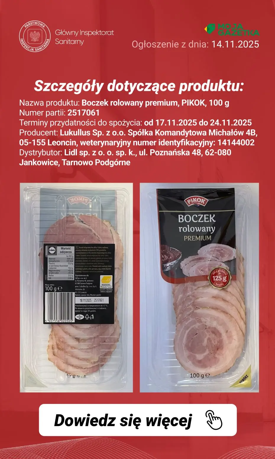 gazetka promocyjna Ostrzeżenia i alerty Ostrzeżenie publiczne dotyczące żywności: Wykrycie obecności bakterii Listeria monocytogenes w partii boczku rolowanego w plastrach - Strona 3
