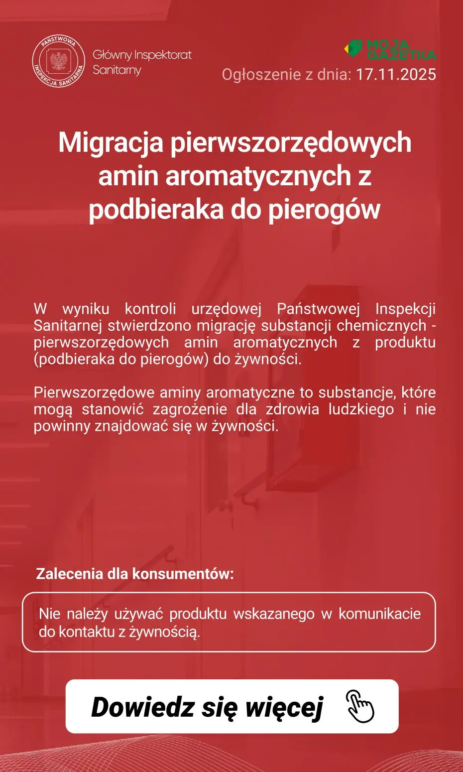 gazetka promocyjna Ostrzeżenia i alerty Ostrzeżenie publiczne dotyczące wyrobu do kontaktu z żywnością: Migracja pierwszorzędowych amin aromatycznych z podbieraka do pierogów - Strona 2
