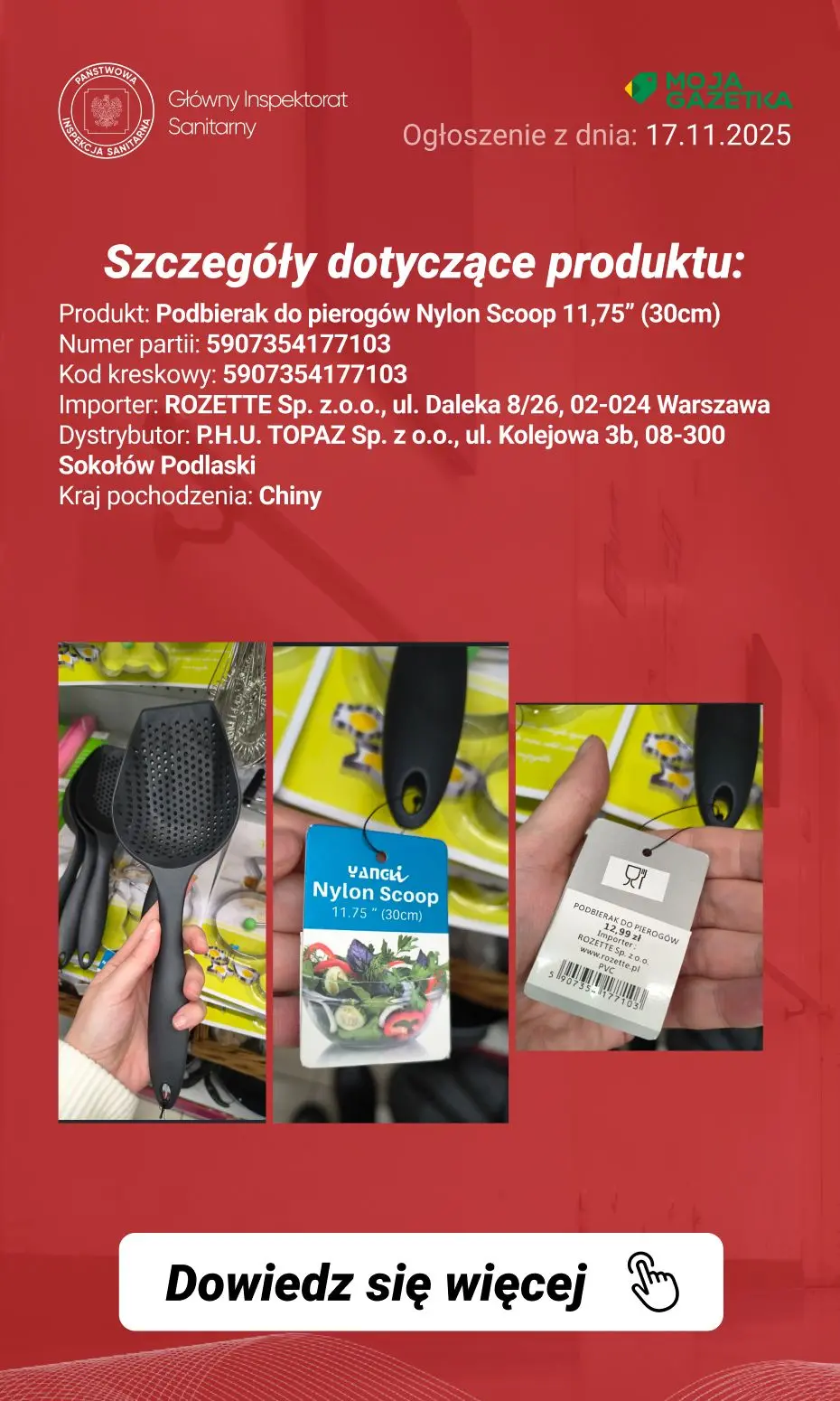 gazetka promocyjna Ostrzeżenia i alerty Ostrzeżenie publiczne dotyczące wyrobu do kontaktu z żywnością: Migracja pierwszorzędowych amin aromatycznych z podbieraka do pierogów - Strona 3