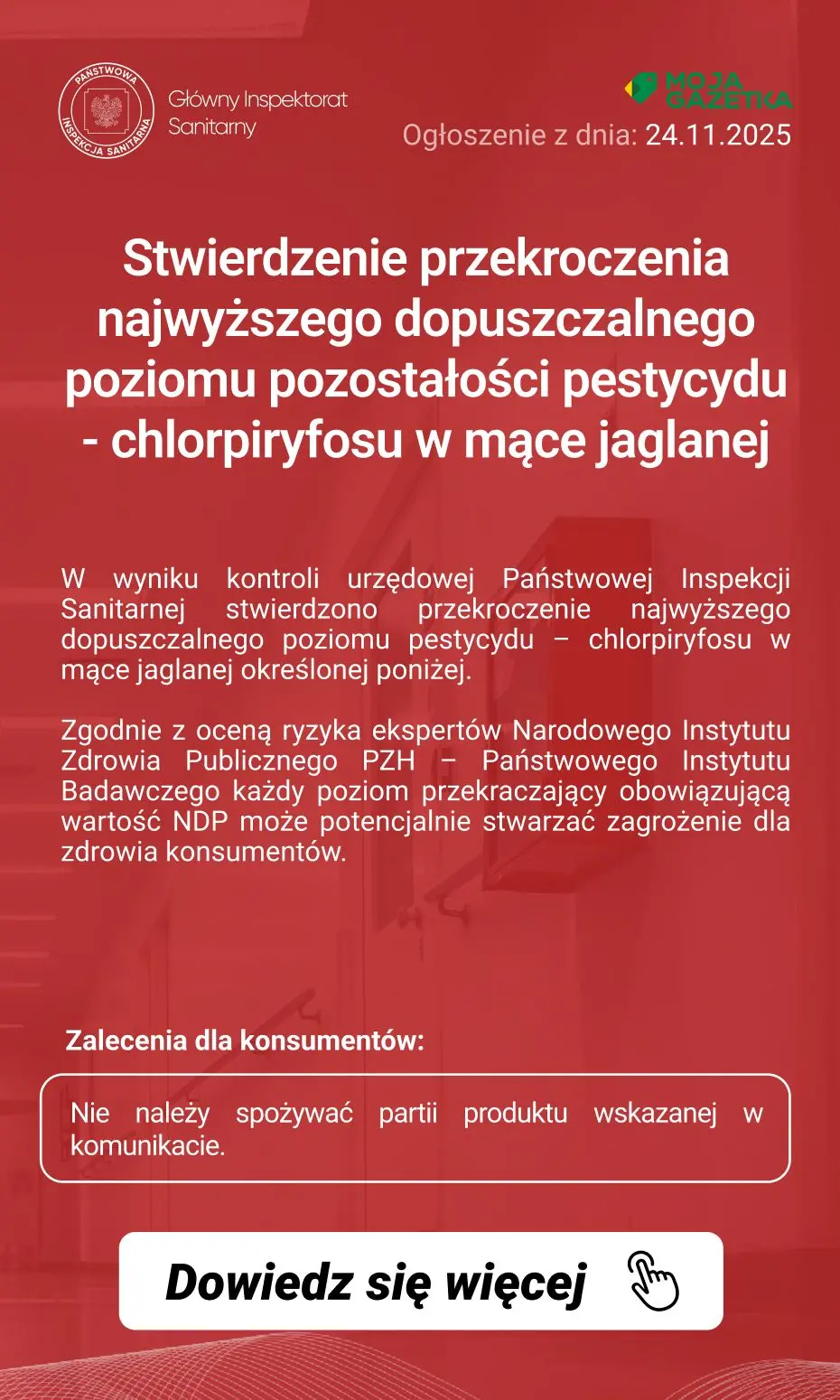 gazetka promocyjna Ostrzeżenia i alerty Ostrzeżenie publiczne dotyczące żywności: Stwierdzenie przekroczenia najwyższego dopuszczalnego poziomu pozostałości pestycydu - chlorpiryfosu w mące jaglanej - Strona 2