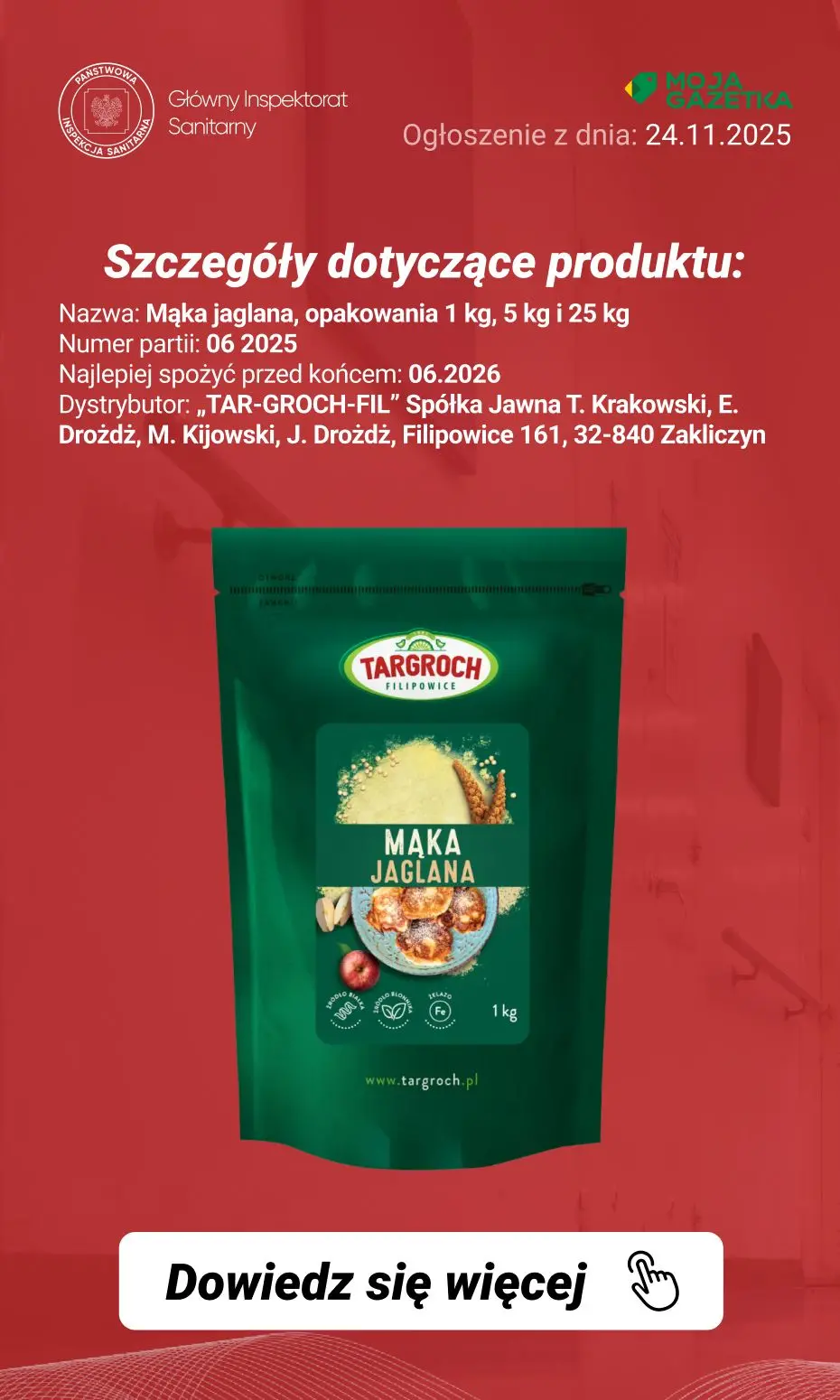 gazetka promocyjna Ostrzeżenia i alerty Ostrzeżenie publiczne dotyczące żywności: Stwierdzenie przekroczenia najwyższego dopuszczalnego poziomu pozostałości pestycydu - chlorpiryfosu w mące jaglanej - Strona 3