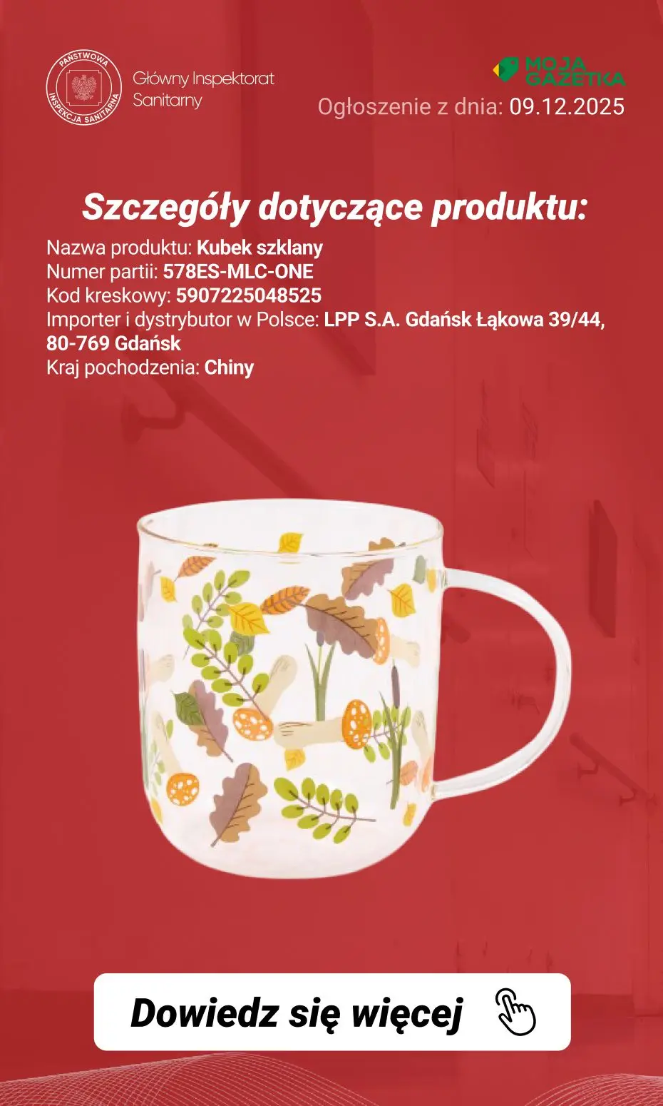 gazetka promocyjna Ostrzeżenia i alerty Ostrzeżenie publiczne dotyczące wyrobu do kontaktu z żywnością: Migracja ołowiu i kadmu z obrzeża kubka szklanego - Strona 3