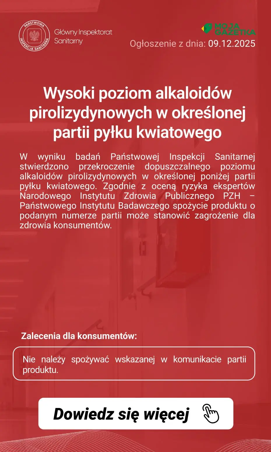 gazetka promocyjna Ostrzeżenia i alerty Ostrzeżenie publiczne dotyczące żywności: wysoki poziom alkaloidów pirolizydynowych w określonej partii pyłku kwiatowego - Strona 2