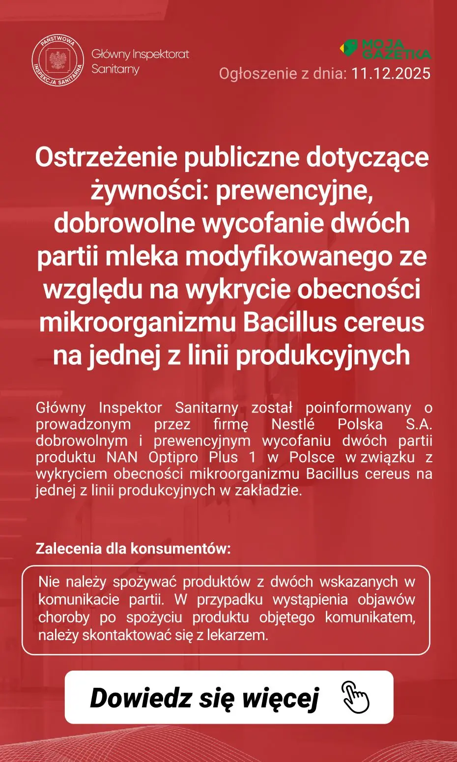 gazetka promocyjna Ostrzeżenia i alerty Ostrzeżenie publiczne dotyczące żywności: prewencyjne, dobrowolne wycofanie dwóch partii mleka modyfikowanego ze względu na wykrycie obecności mikroorganizmu Bacillus cereus na jednej z linii produkcyjnych - Strona 2