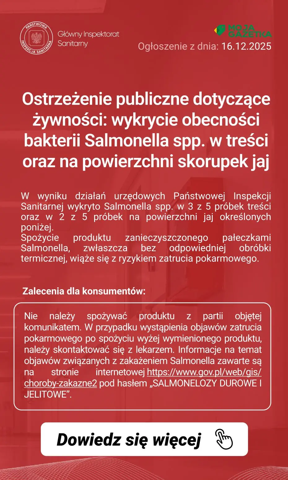 gazetka promocyjna Ostrzeżenia i alerty Ostrzeżenie publiczne dotyczące żywności: wykrycie obecności bakterii Salmonella spp. w treści oraz na powierzchni skorupek jaj - Strona 2