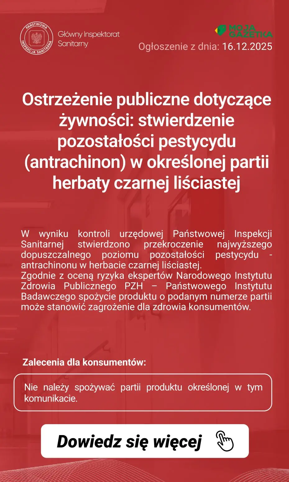 gazetka promocyjna Ostrzeżenia i alerty Ostrzeżenie publiczne dotyczące żywności: stwierdzenie pozostałości pestycydu (antrachinon) w określonej partii herbaty czarnej liściastej - Strona 2