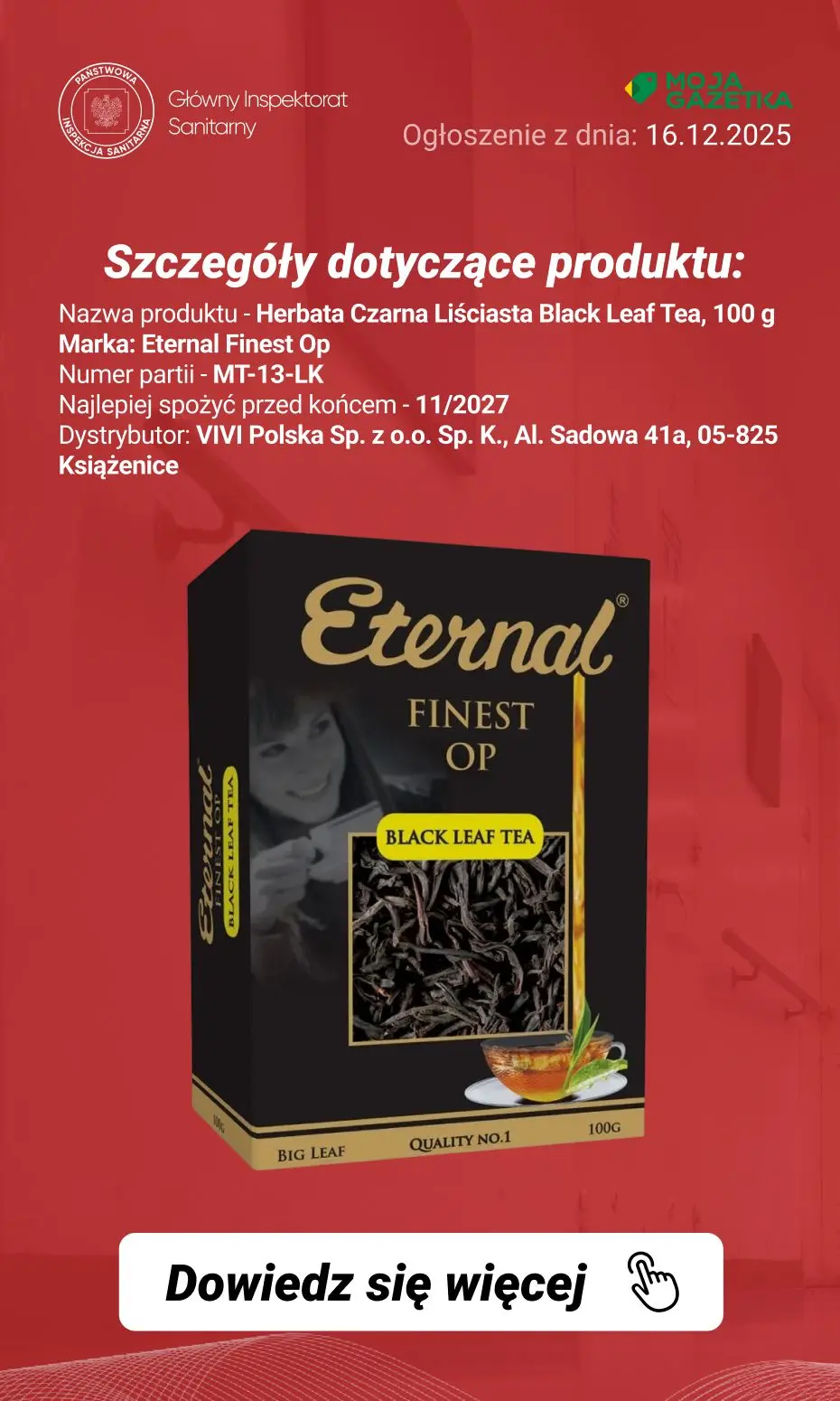 gazetka promocyjna Ostrzeżenia i alerty Ostrzeżenie publiczne dotyczące żywności: stwierdzenie pozostałości pestycydu (antrachinon) w określonej partii herbaty czarnej liściastej - Strona 3