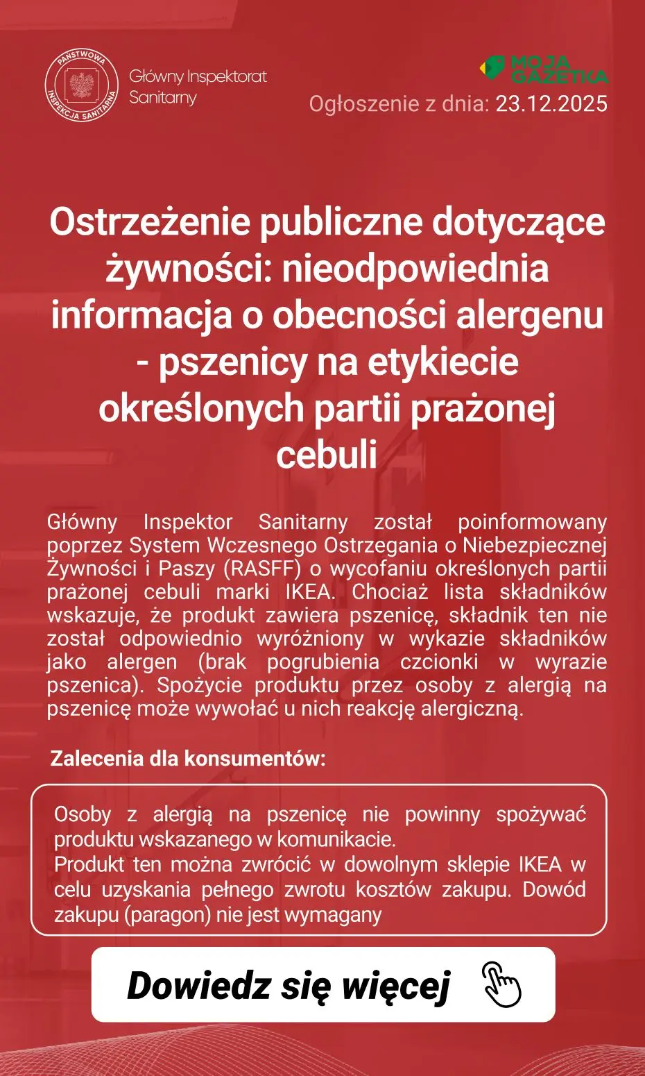 gazetka promocyjna Ostrzeżenia i alerty Ostrzeżenie publiczne dotyczące żywności: nieodpowiednia informacja o obecności alergenu - pszenicy na etykiecie określonych partii prażonej cebuli - Strona 2