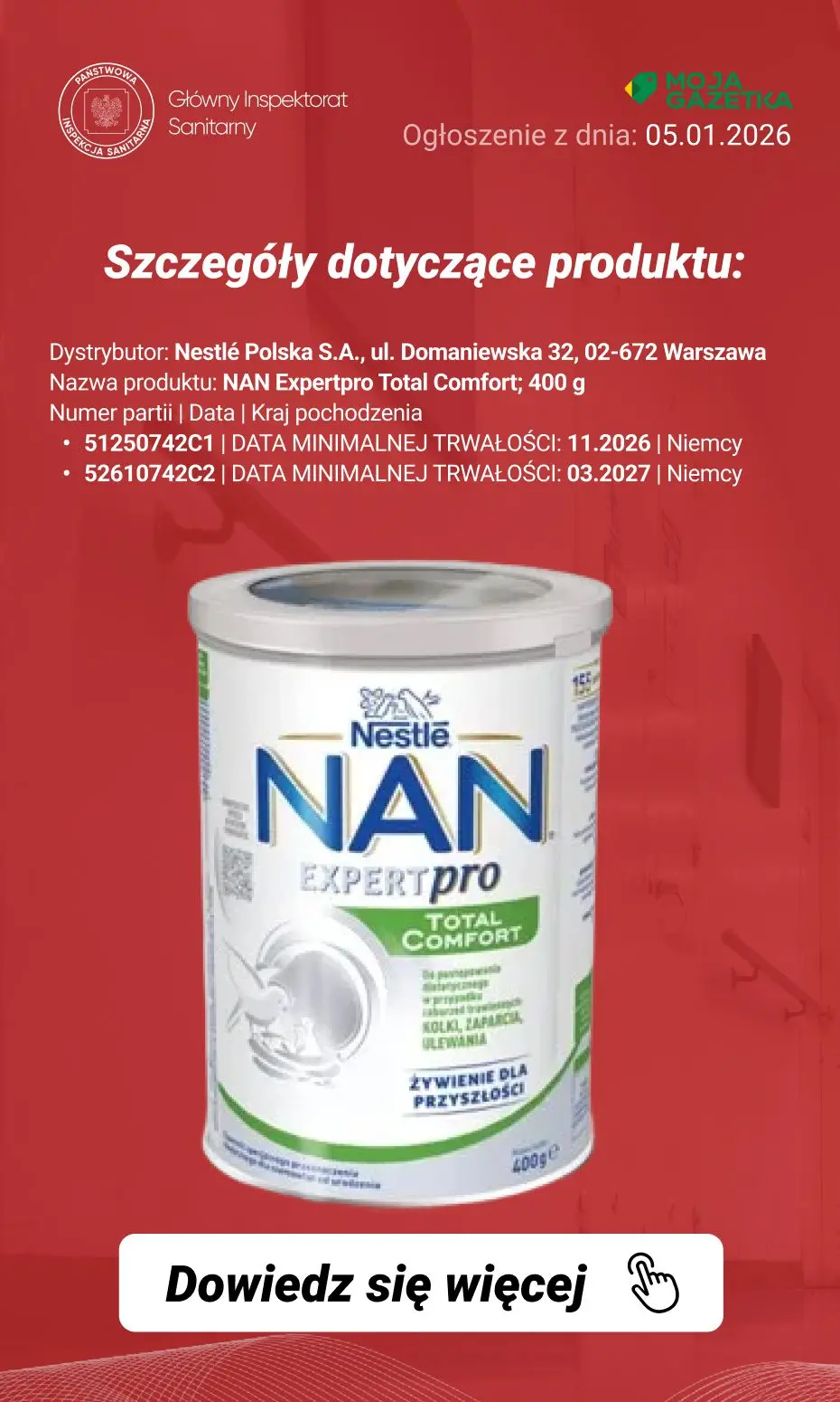 gazetka promocyjna Ostrzeżenia i alerty Ostrzeżenie publiczne dotyczące żywności: Dobrowolne wycofanie niektórych produktów do żywienia niemowląt - Strona 3