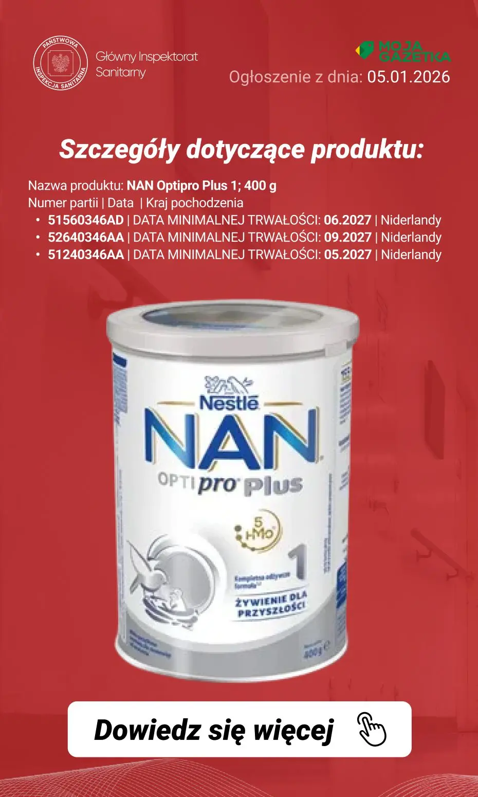gazetka promocyjna Ostrzeżenia i alerty Ostrzeżenie publiczne dotyczące żywności: Dobrowolne wycofanie niektórych produktów do żywienia niemowląt - Strona 5