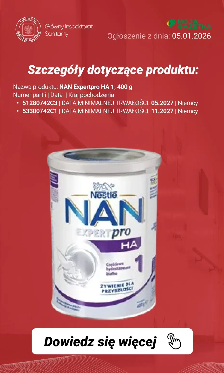 gazetka promocyjna Ostrzeżenia i alerty Ostrzeżenie publiczne dotyczące żywności: Dobrowolne wycofanie niektórych produktów do żywienia niemowląt - Strona 10