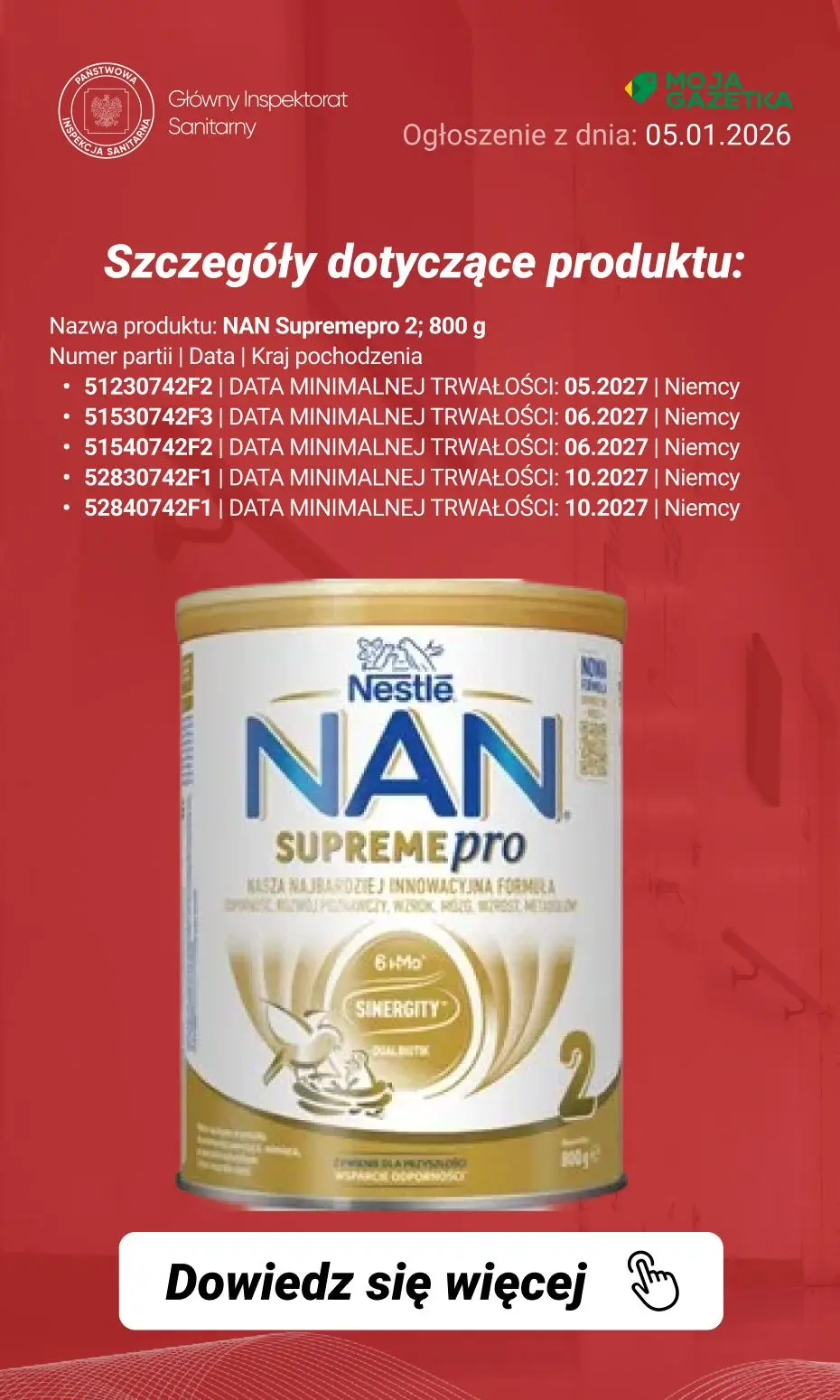 gazetka promocyjna Ostrzeżenia i alerty Ostrzeżenie publiczne dotyczące żywności: Dobrowolne wycofanie niektórych produktów do żywienia niemowląt - Strona 11