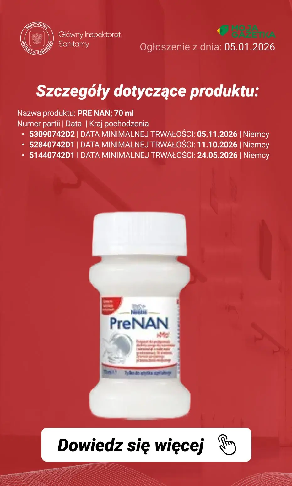 gazetka promocyjna Ostrzeżenia i alerty Ostrzeżenie publiczne dotyczące żywności: Dobrowolne wycofanie niektórych produktów do żywienia niemowląt - Strona 12