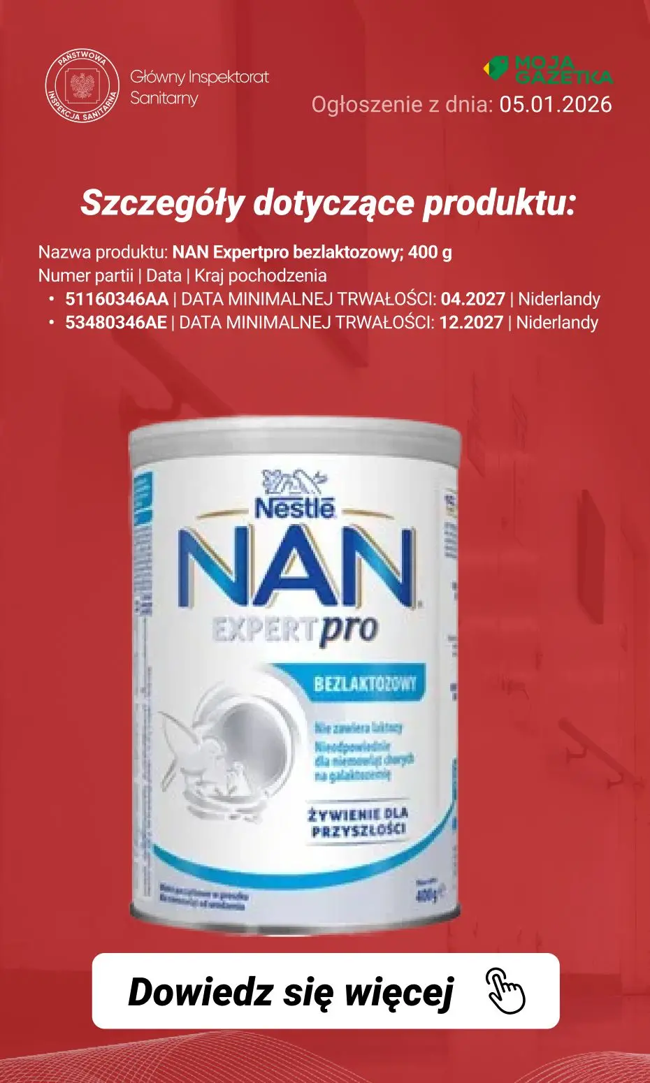 gazetka promocyjna Ostrzeżenia i alerty Ostrzeżenie publiczne dotyczące żywności: Dobrowolne wycofanie niektórych produktów do żywienia niemowląt - Strona 13