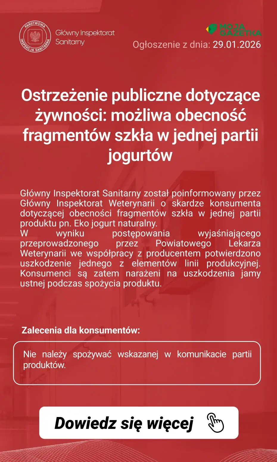 gazetka promocyjna Ostrzeżenia i alerty Ostrzeżenie publiczne dotyczące żywności: możliwa obecność fragmentów szkła w jednej partii jogurtów - Strona 2