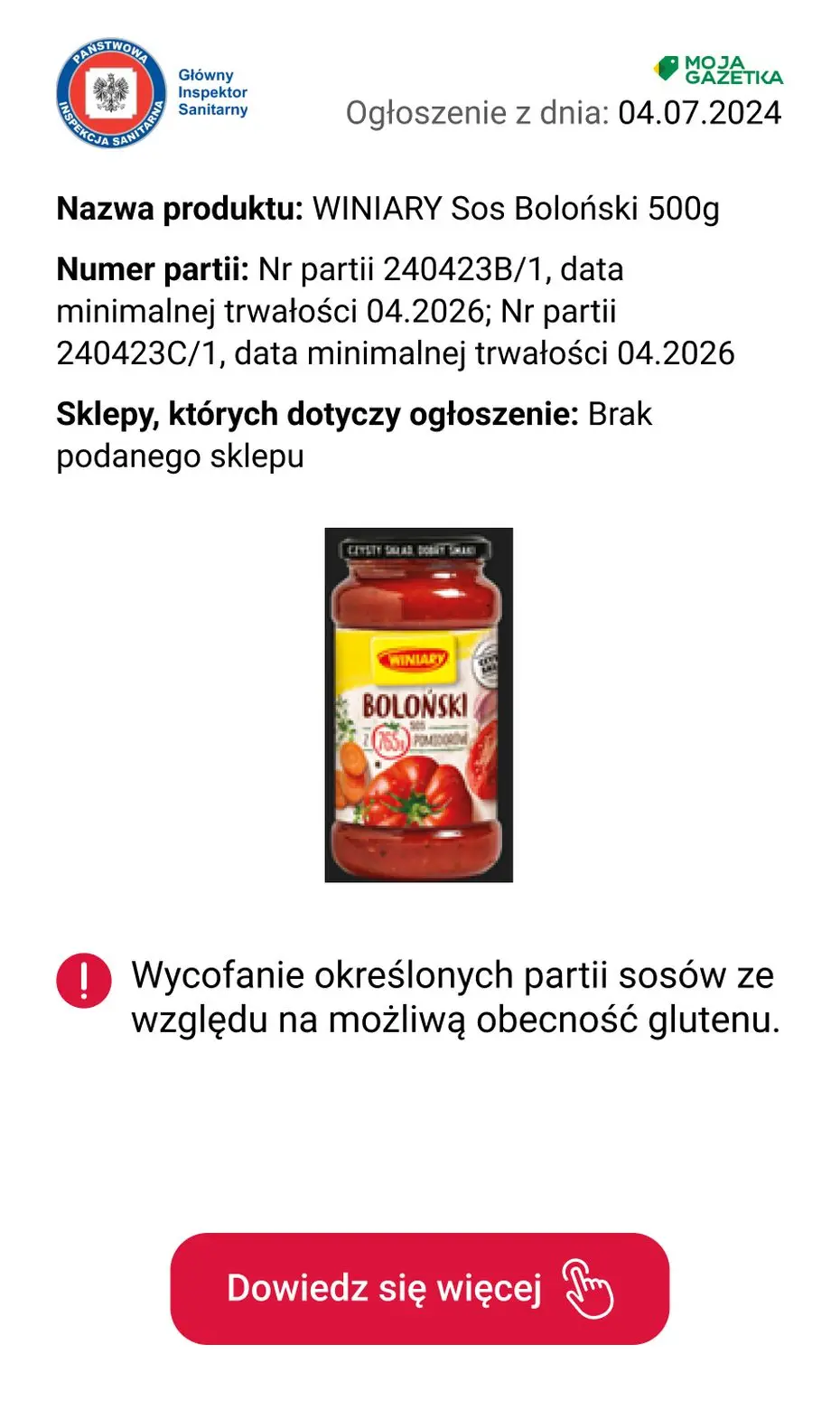 gazetka promocyjna Ostrzeżenia i alerty Wycofanie określonych partii sosów ze względu na możliwą obecność glutenu - Strona 2