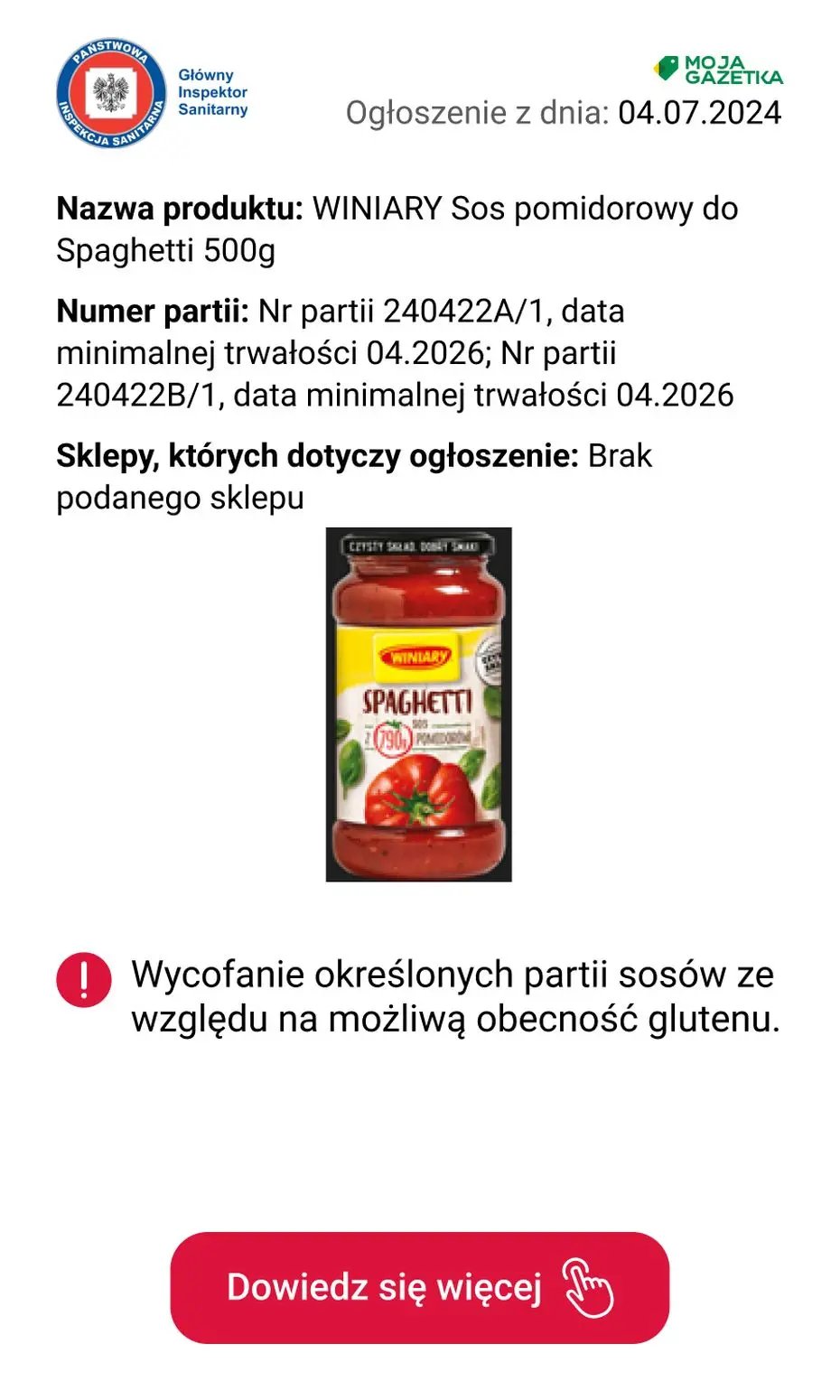 gazetka promocyjna Ostrzeżenia i alerty Wycofanie określonych partii sosów ze względu na możliwą obecność glutenu - Strona 3