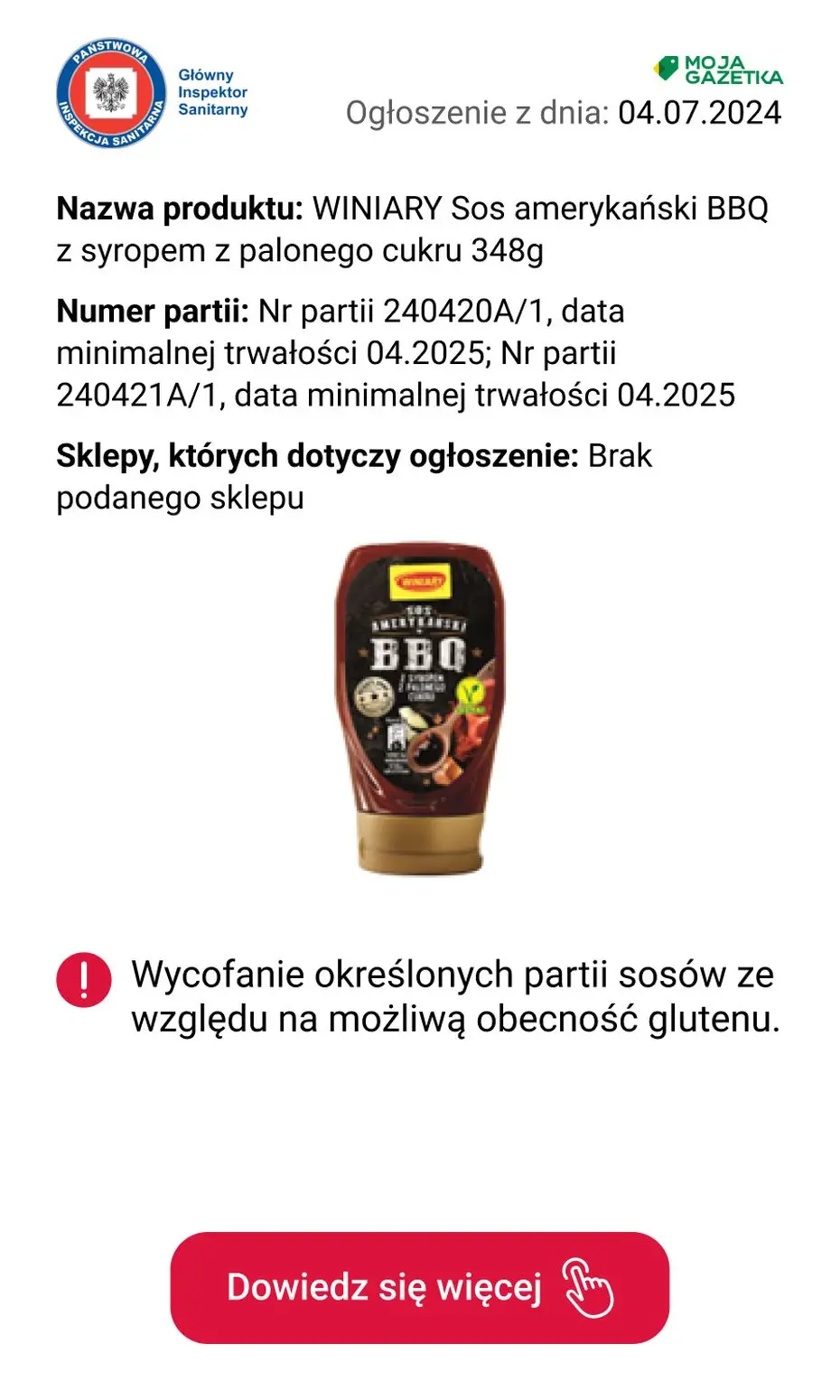 gazetka promocyjna Ostrzeżenia i alerty Wycofanie określonych partii sosów ze względu na możliwą obecność glutenu - Strona 4