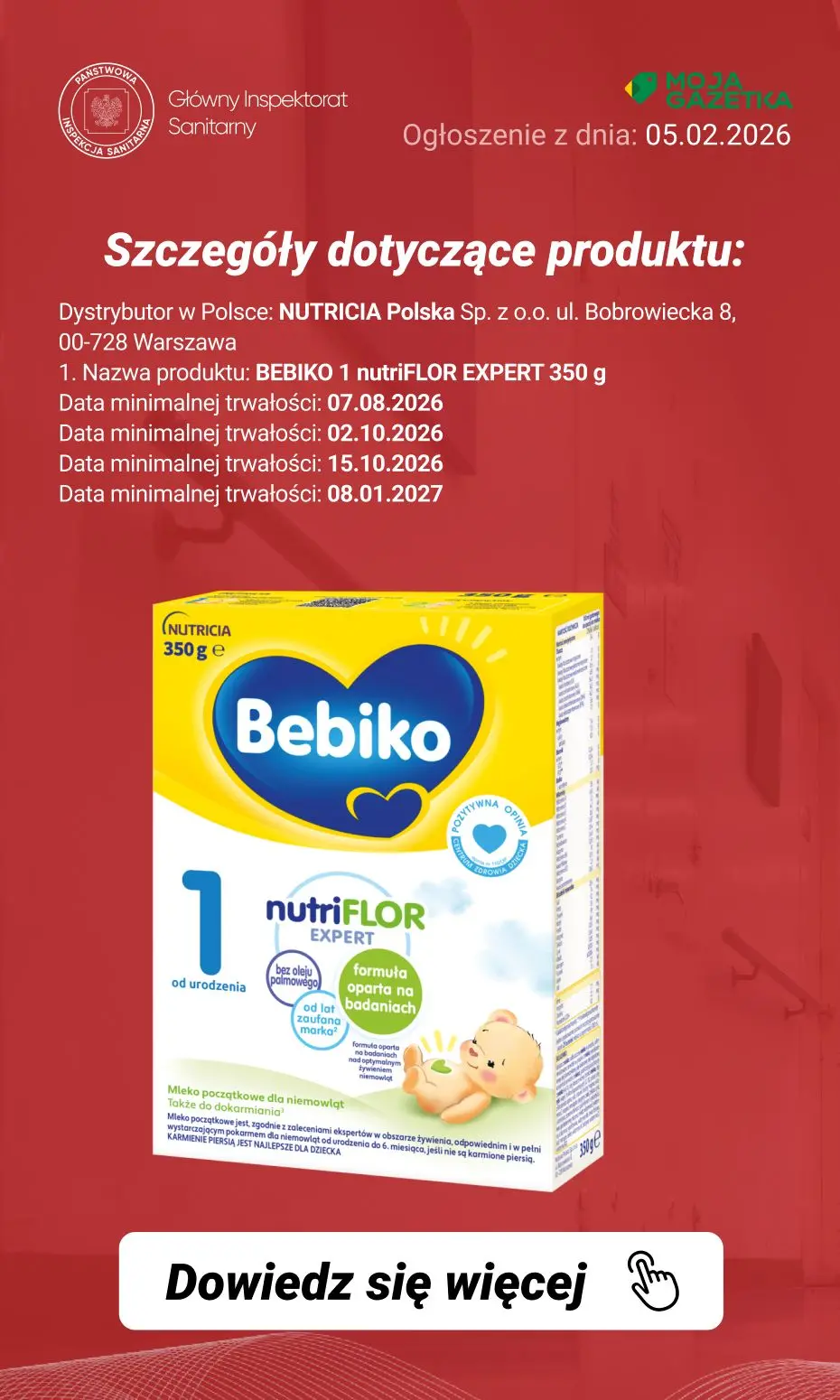 gazetka promocyjna Ostrzeżenia i alerty Ostrzeżenie publiczne dotyczące żywności: rozszerzenie dobrowolnego wycofania niektórych produktów do żywienia niemowląt przez firmę Nutricia Polska Sp. z o.o. (aktualizacja z dnia 05.02.2026 r.) - Strona 4