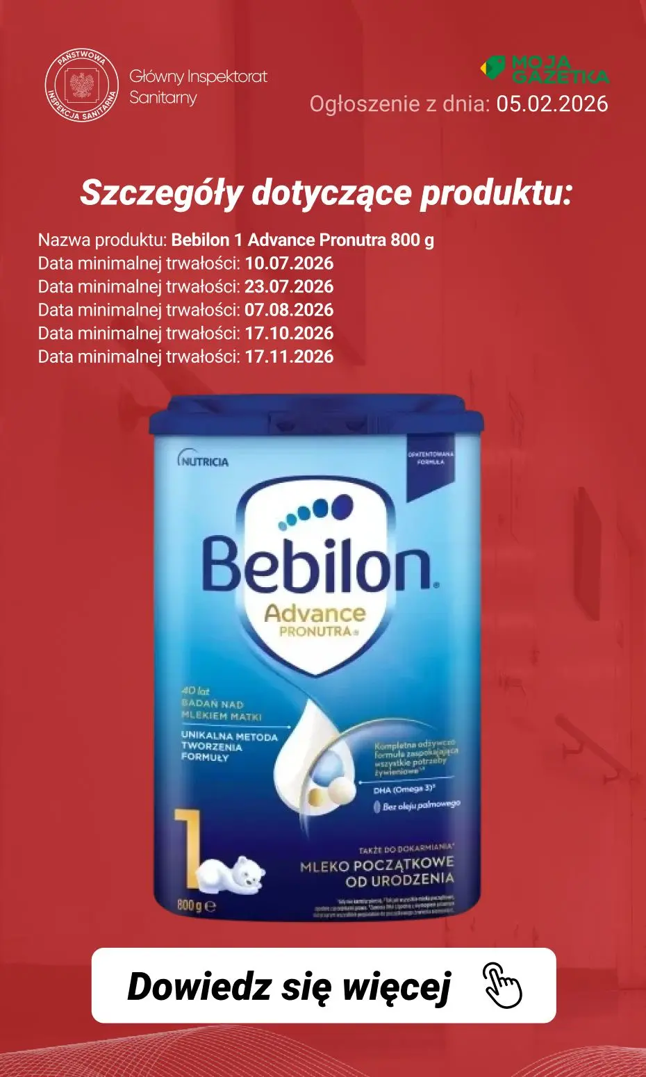 gazetka promocyjna Ostrzeżenia i alerty Ostrzeżenie publiczne dotyczące żywności: rozszerzenie dobrowolnego wycofania niektórych produktów do żywienia niemowląt przez firmę Nutricia Polska Sp. z o.o. (aktualizacja z dnia 05.02.2026 r.) - Strona 9
