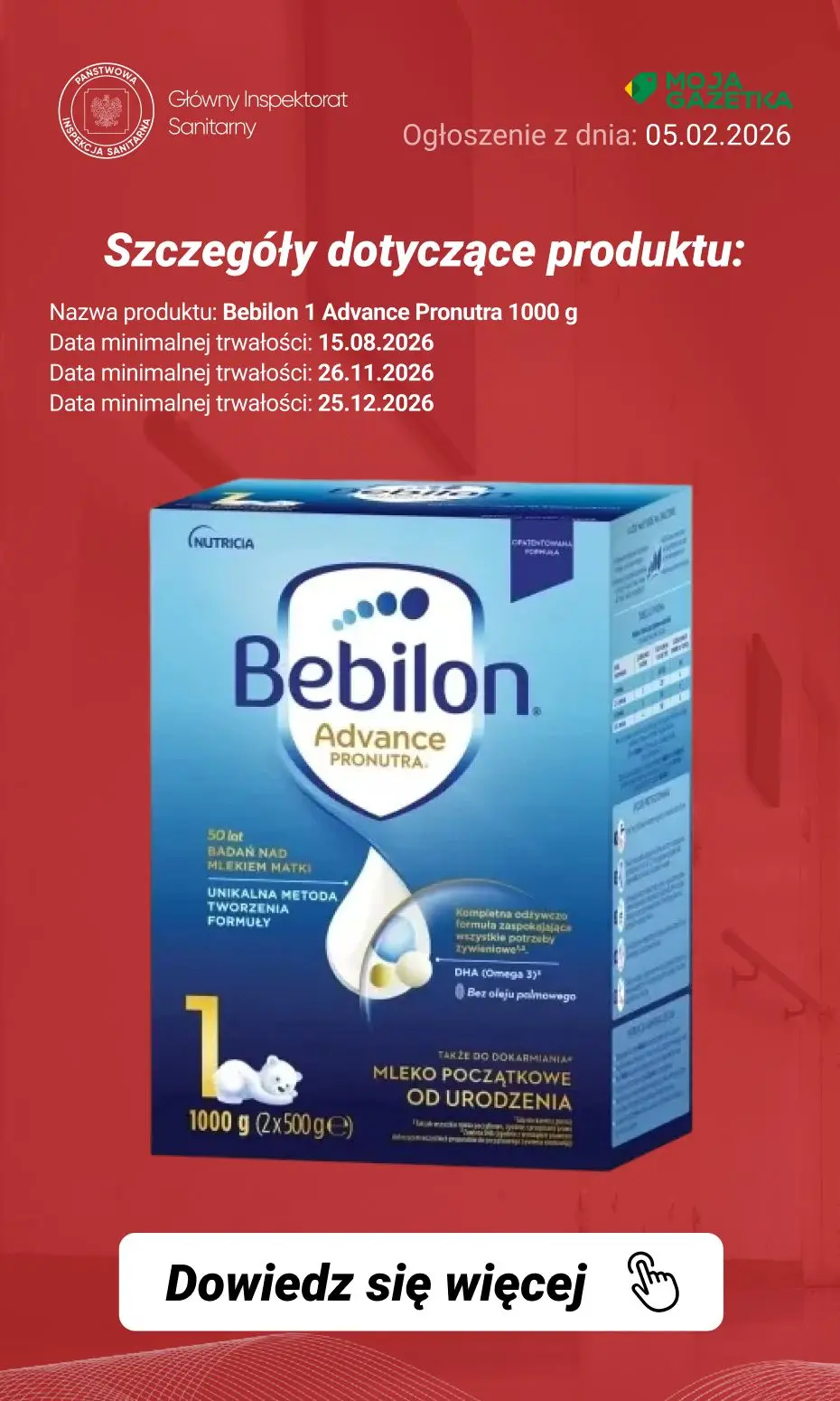 gazetka promocyjna Ostrzeżenia i alerty Ostrzeżenie publiczne dotyczące żywności: rozszerzenie dobrowolnego wycofania niektórych produktów do żywienia niemowląt przez firmę Nutricia Polska Sp. z o.o. (aktualizacja z dnia 05.02.2026 r.) - Strona 10