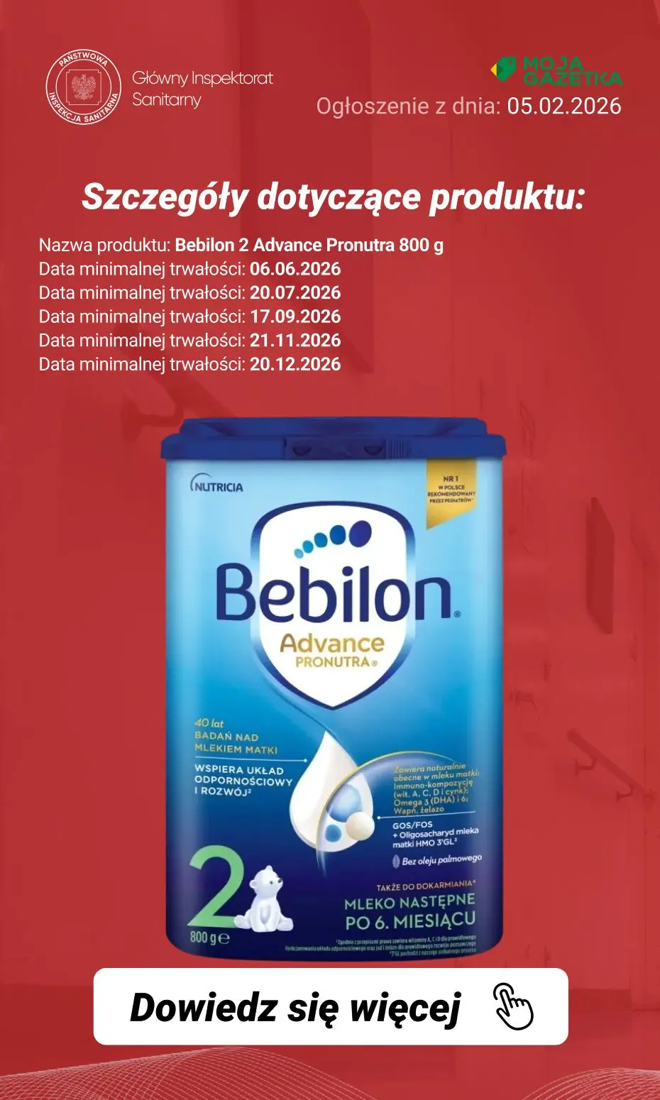 gazetka promocyjna Ostrzeżenia i alerty Ostrzeżenie publiczne dotyczące żywności: rozszerzenie dobrowolnego wycofania niektórych produktów do żywienia niemowląt przez firmę Nutricia Polska Sp. z o.o. (aktualizacja z dnia 05.02.2026 r.) - Strona 11