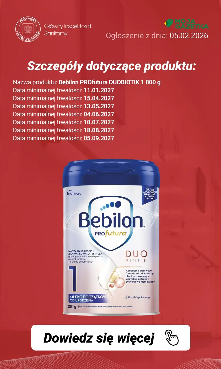 gazetka promocyjna Ostrzeżenia i alerty Ostrzeżenie publiczne dotyczące żywności: rozszerzenie dobrowolnego wycofania niektórych produktów do żywienia niemowląt przez firmę Nutricia Polska Sp. z o.o. (aktualizacja z dnia 05.02.2026 r.) - Strona 15