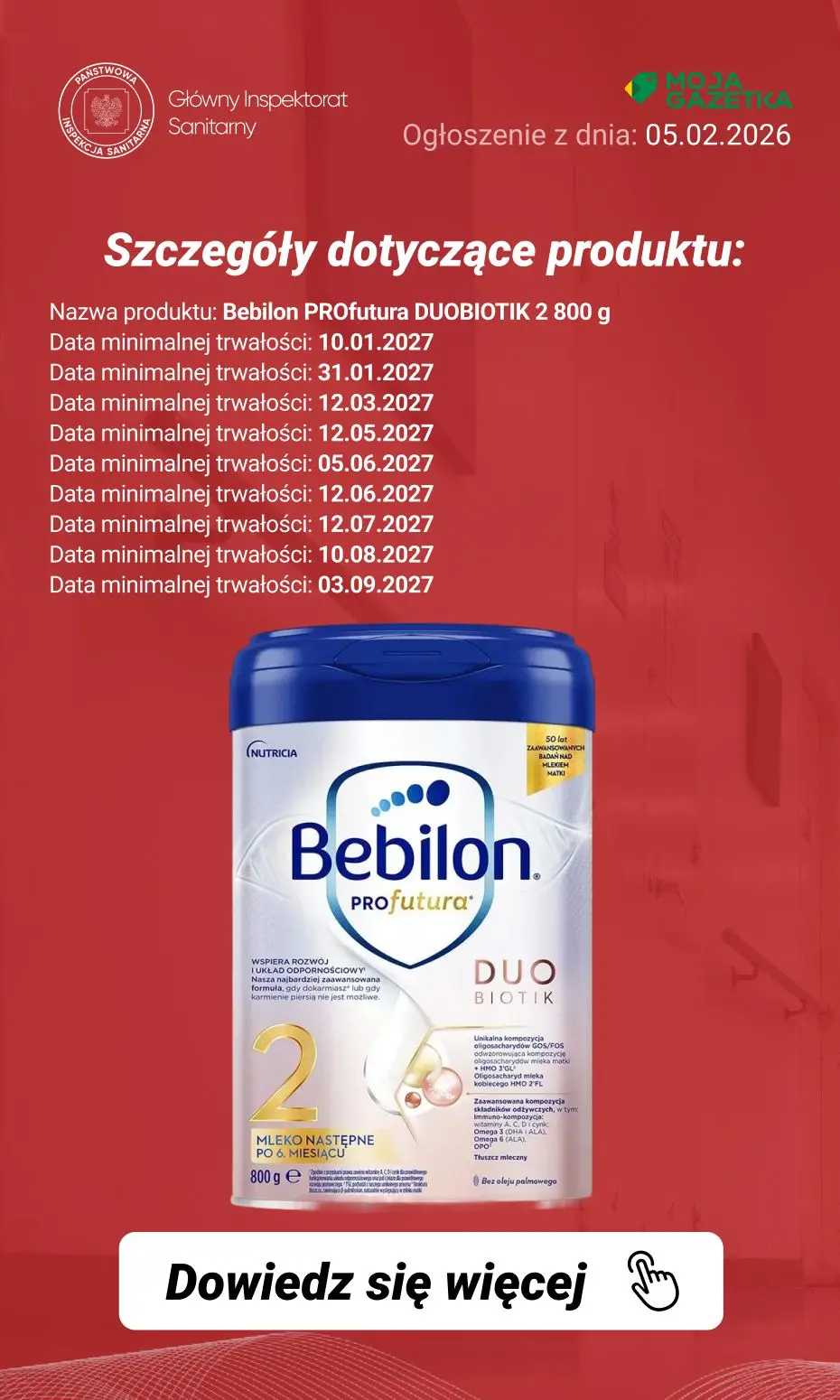 gazetka promocyjna Ostrzeżenia i alerty Ostrzeżenie publiczne dotyczące żywności: rozszerzenie dobrowolnego wycofania niektórych produktów do żywienia niemowląt przez firmę Nutricia Polska Sp. z o.o. (aktualizacja z dnia 05.02.2026 r.) - Strona 16
