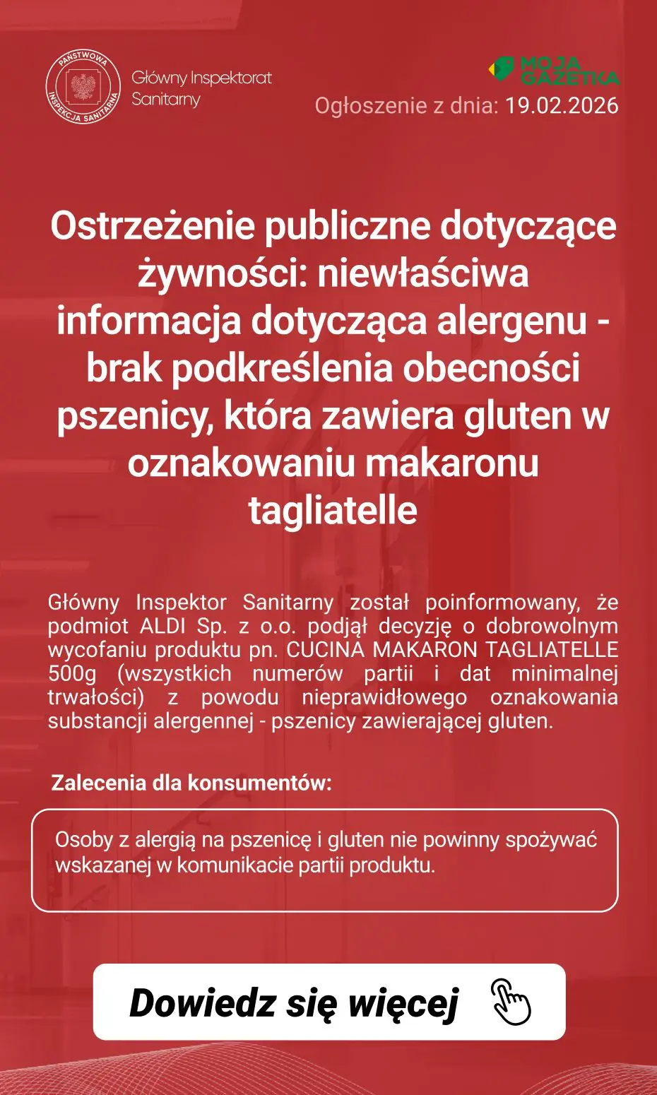 gazetka promocyjna Ostrzeżenia i alerty Ostrzeżenie publiczne dotyczące żywności: niewłaściwa informacja dotycząca alergenu - brak podkreślenia obecności pszenicy, która zawiera gluten w oznakowaniu makaronu tagliatelle - Strona 2
