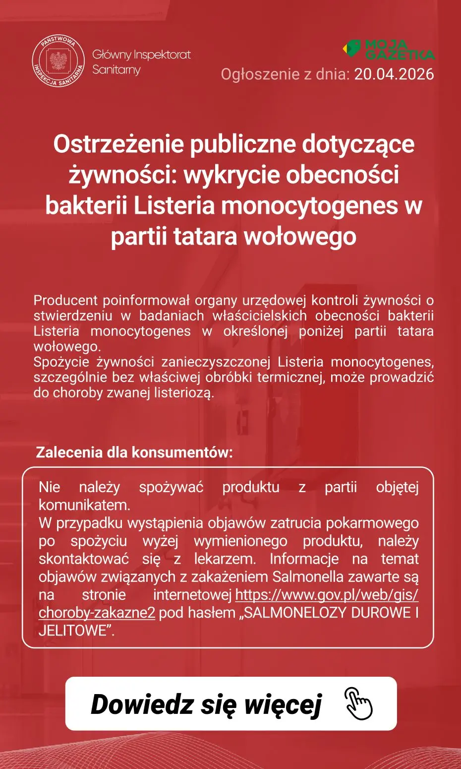 gazetka promocyjna Ostrzeżenia i alerty Ostrzeżenie publiczne dotyczące żywności: wykrycie bakterii Salmonella w tatarze wołowym - Strona 2