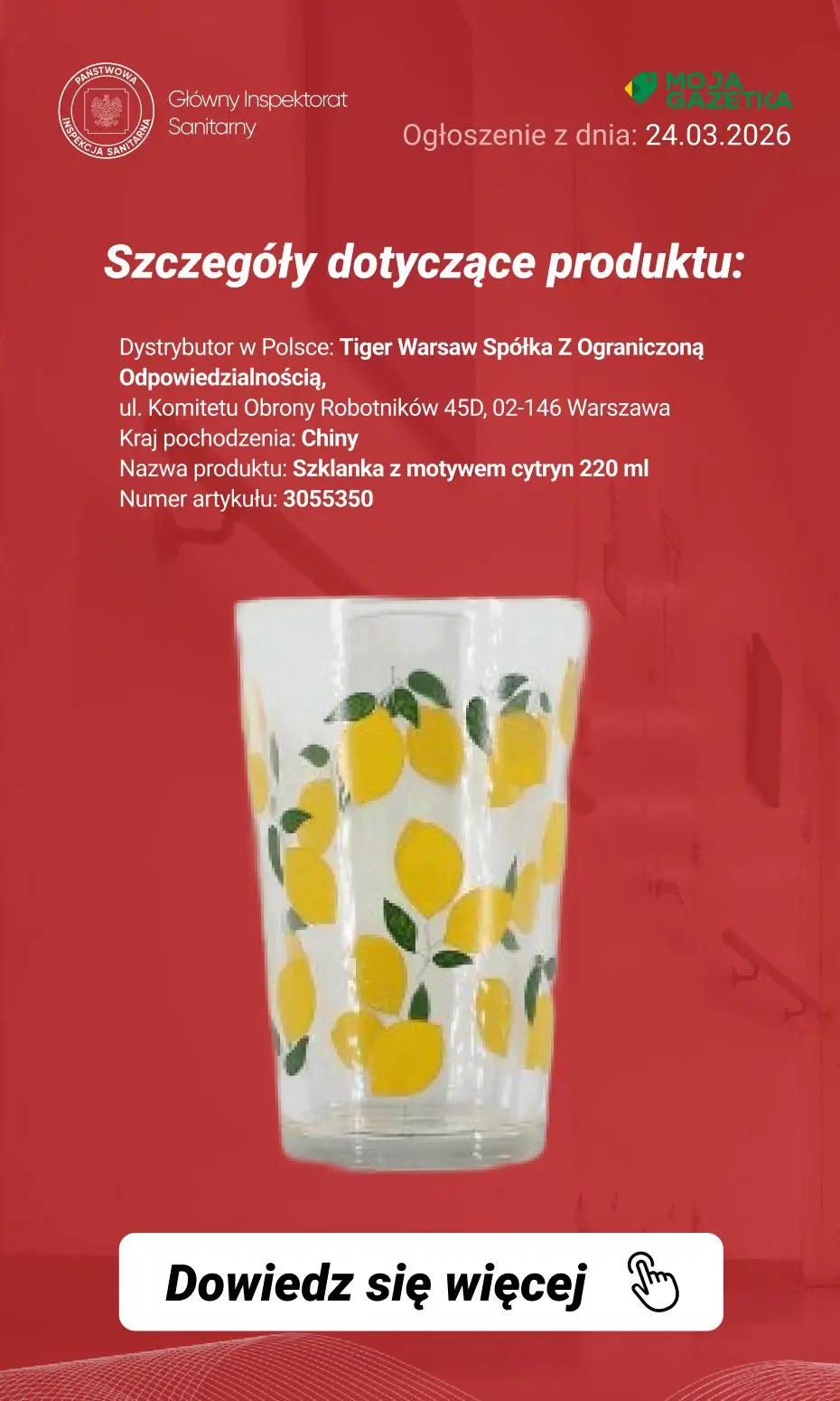 gazetka promocyjna Ostrzeżenia i alerty Ostrzeżenie publiczne dotyczące wyrobu do kontaktu z żywnością: migracja ołowiu i kadmu z obrzeża szklanek - Strona 7