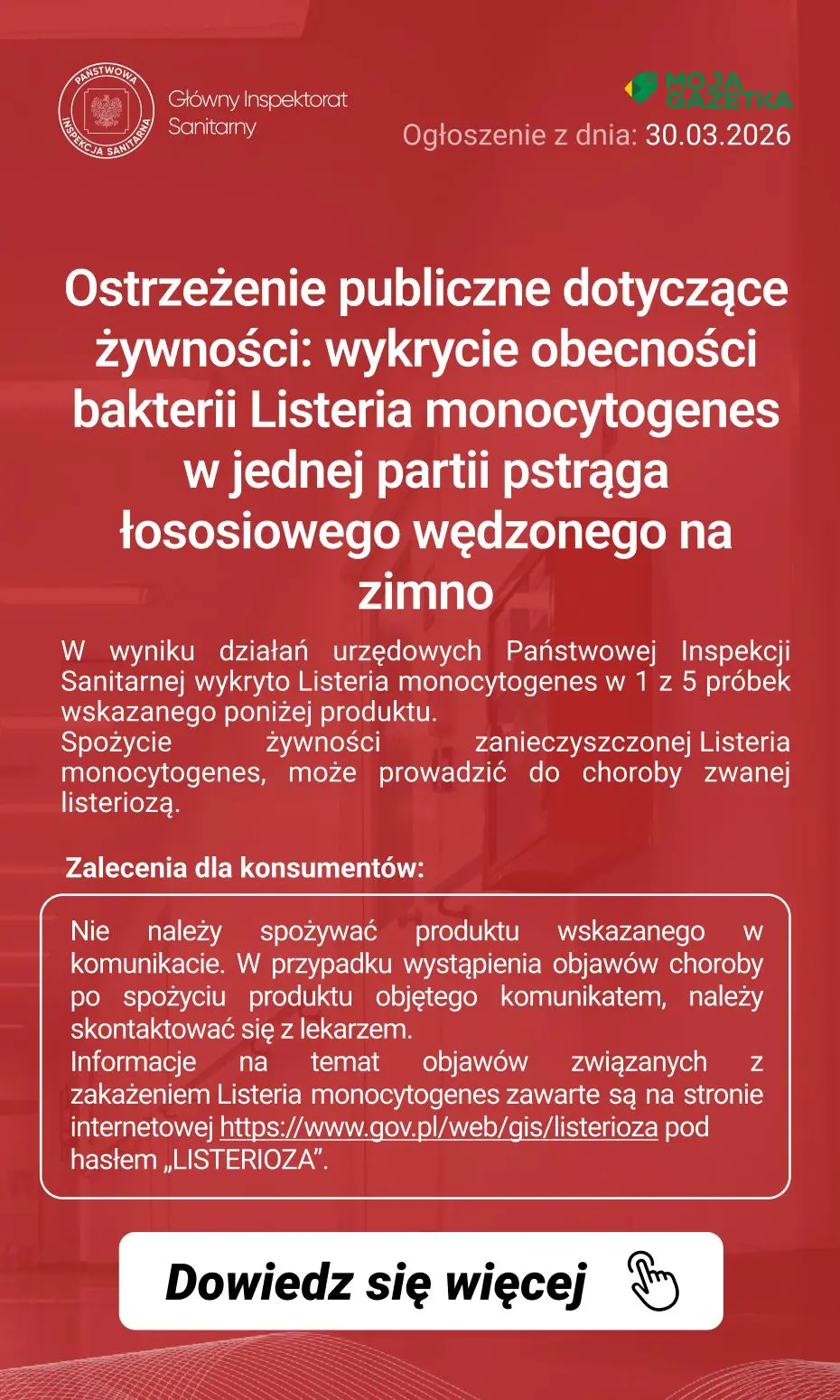 gazetka promocyjna Ostrzeżenia i alerty Ostrzeżenie publiczne dotyczące żywności: wykrycie obecności bakterii Listeria monocytogenes w jednej partii pstrąga łososiowego wędzonego na zimno - Strona 2