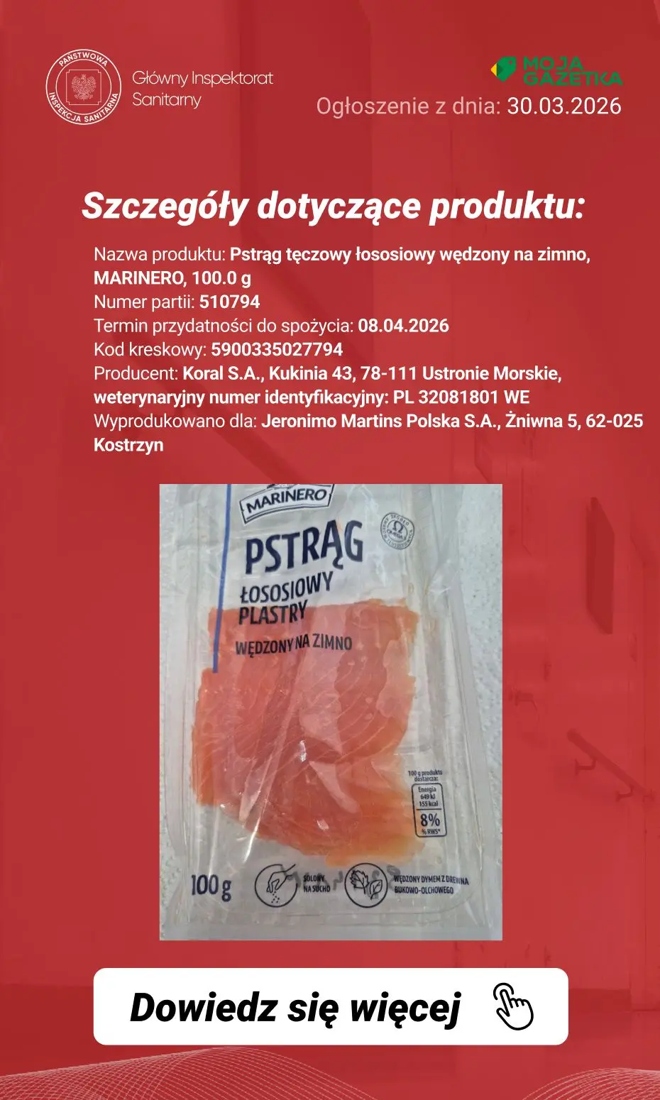 gazetka promocyjna Ostrzeżenia i alerty Ostrzeżenie publiczne dotyczące żywności: wykrycie obecności bakterii Listeria monocytogenes w jednej partii pstrąga łososiowego wędzonego na zimno - Strona 3