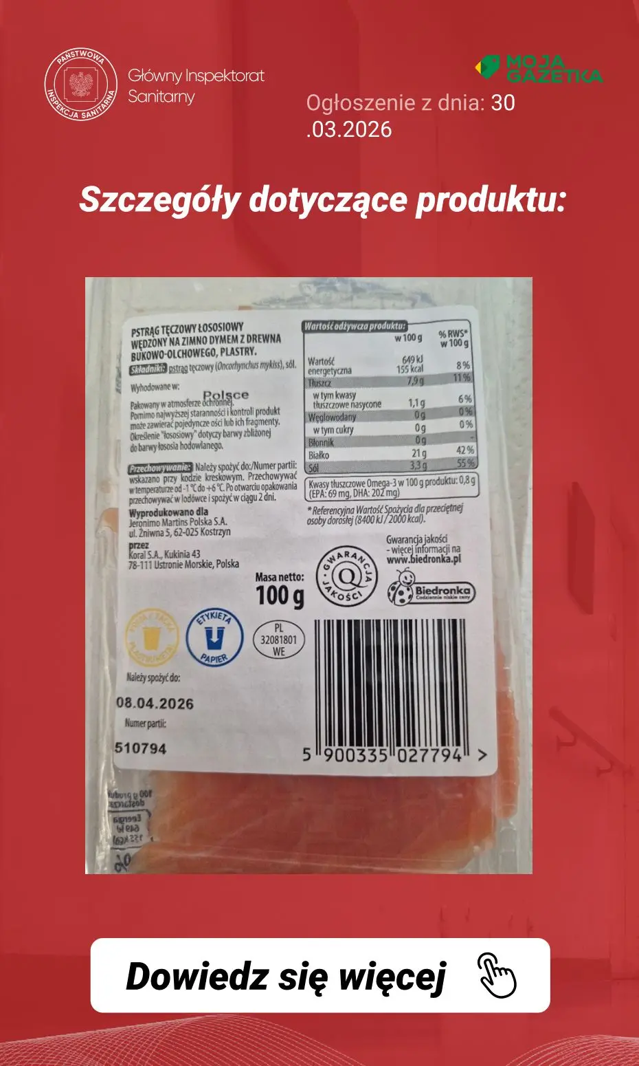 gazetka promocyjna Ostrzeżenia i alerty Ostrzeżenie publiczne dotyczące żywności: wykrycie obecności bakterii Listeria monocytogenes w jednej partii pstrąga łososiowego wędzonego na zimno - Strona 4