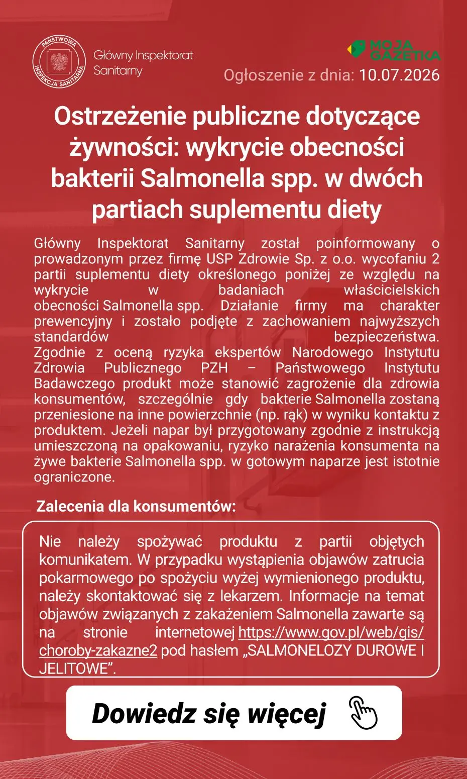 gazetka promocyjna Ostrzeżenia i alerty Ostrzeżenie publiczne dotyczące żywności: wykrycie obecności bakterii Salmonella spp. w dwóch partiach suplementu diety - Strona 2