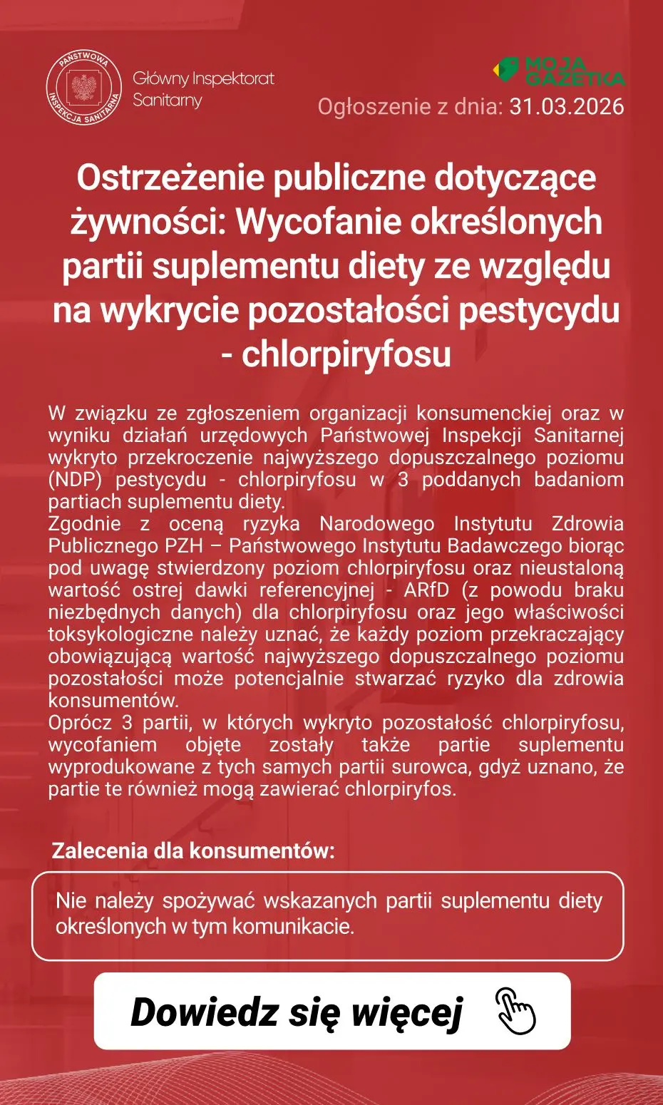 gazetka promocyjna Ostrzeżenia i alerty Ostrzeżenie publiczne dotyczące żywności: Wycofanie określonych partii suplementu diety ze względu na wykrycie pozostałości pestycydu - chlorpiryfosu - Strona 2