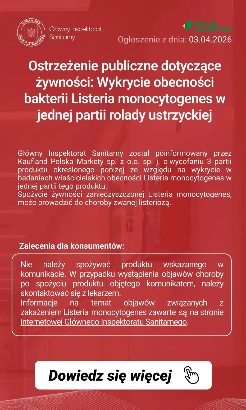 gazetka promocyjna Ostrzeżenia i alerty Ostrzeżenie publiczne dotyczące żywności: Wykrycie obecności bakterii Listeria monocytogenes w jednej partii rolady ustrzyckiej - Strona 2