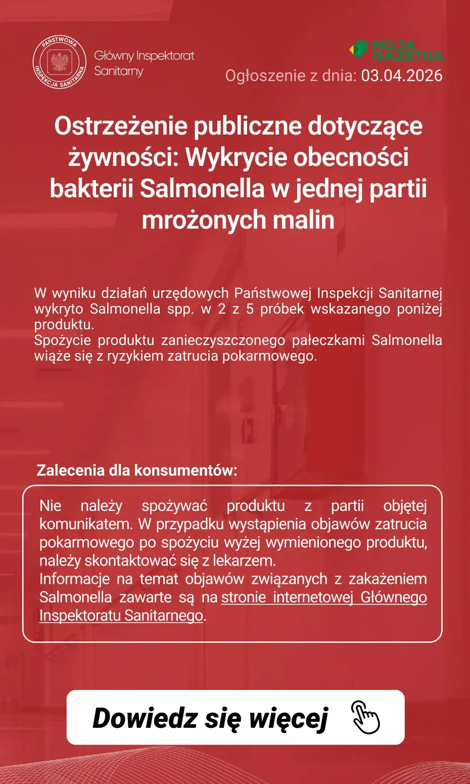 gazetka promocyjna Ostrzeżenia i alerty Ostrzeżenie publiczne dotyczące żywności: Wykrycie obecności bakterii Salmonella w jednej partii mrożonych malin - Strona 2
