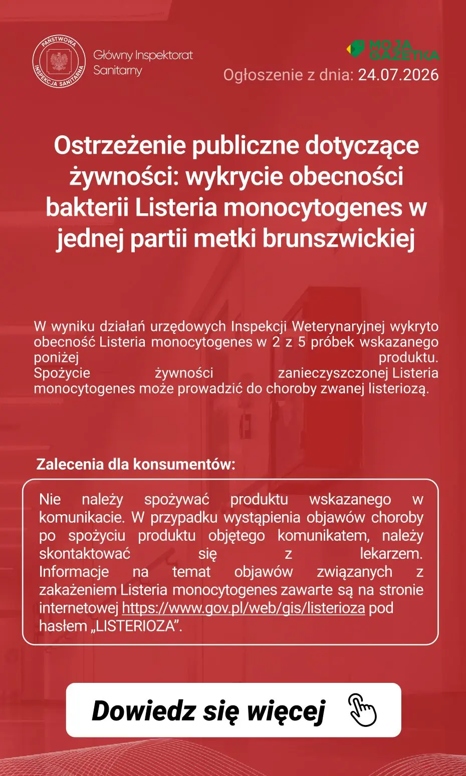gazetka promocyjna Ostrzeżenia i alerty Ostrzeżenie publiczne dotyczące żywności: wykrycie obecności bakterii Listeria monocytogenes w jednej partii metki brunszwickiej - Strona 2