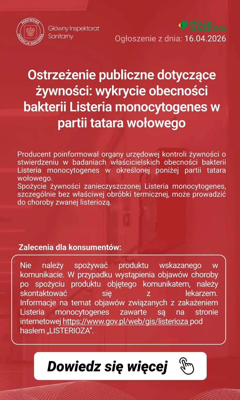 gazetka promocyjna Ostrzeżenia i alerty Ostrzeżenie publiczne dotyczące żywności: wykrycie obecności bakterii Listeria monocytogenes w partii tatara wołowego - Strona 2