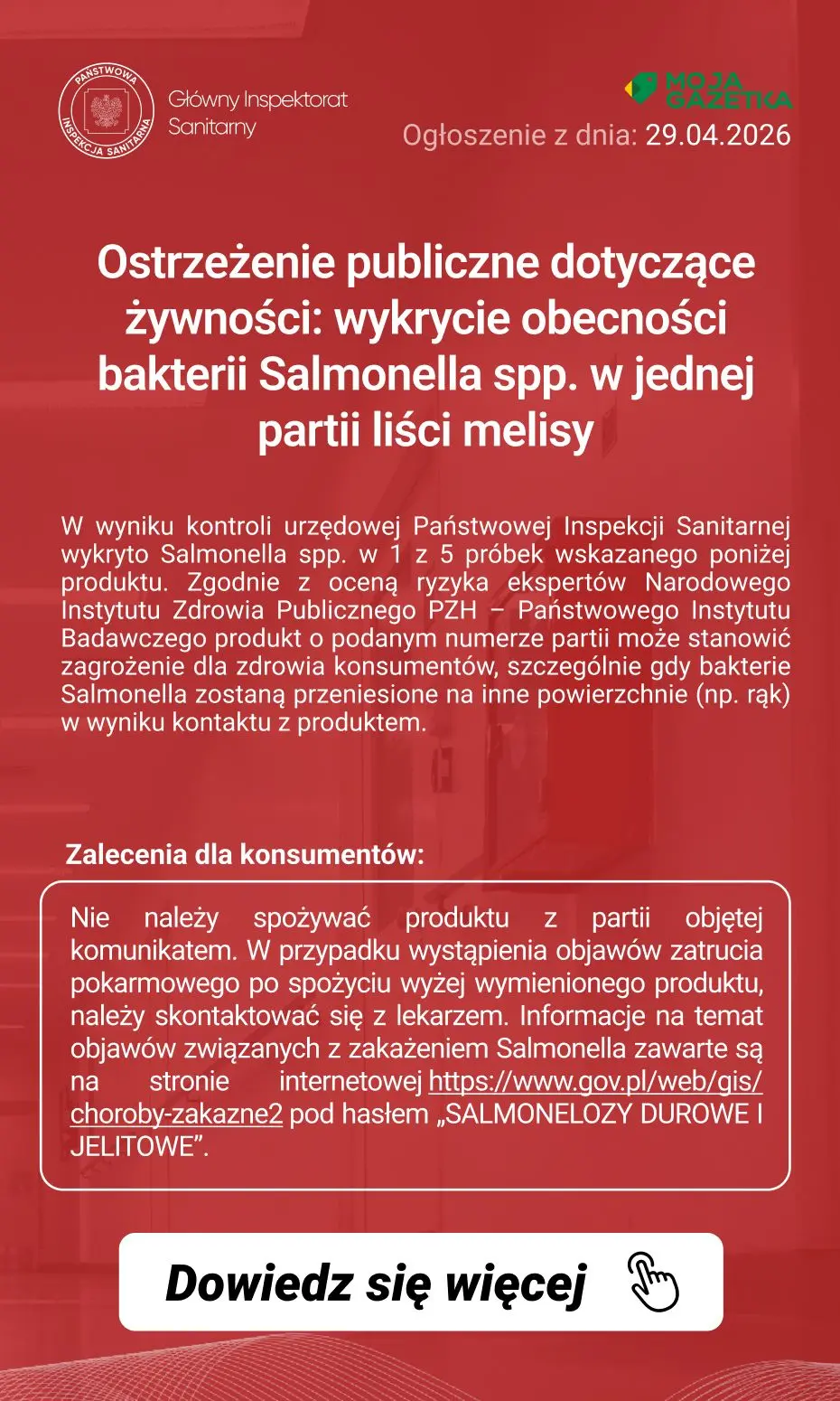 gazetka promocyjna Ostrzeżenia i alerty Ostrzeżenie publiczne dotyczące żywności: wykrycie obecności bakterii Salmonella spp. w jednej partii liści melisy - Strona 2